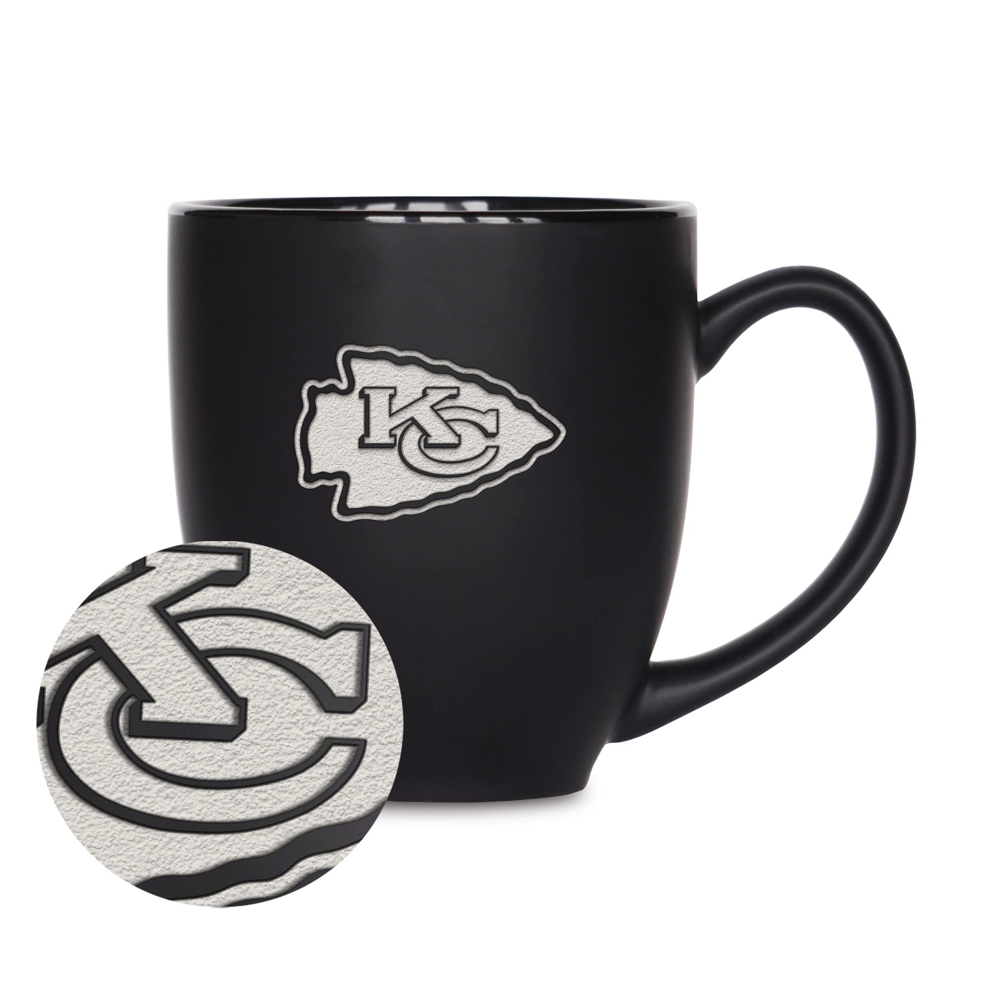 Rico Industries NFL Football Kansas City Chiefs Main 16oz Matte Black Bistro Mug - for Hot or Cold Drinks - Team Logo Etched for Unique Feel