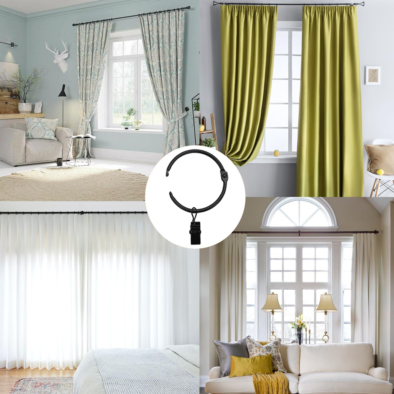 24 Vorhangringe Mit Clips – Nylon-Einsätze, 3,2 Cm Innendurchmesser, Für Stangen Bis 2,5 Cm, Schwarz