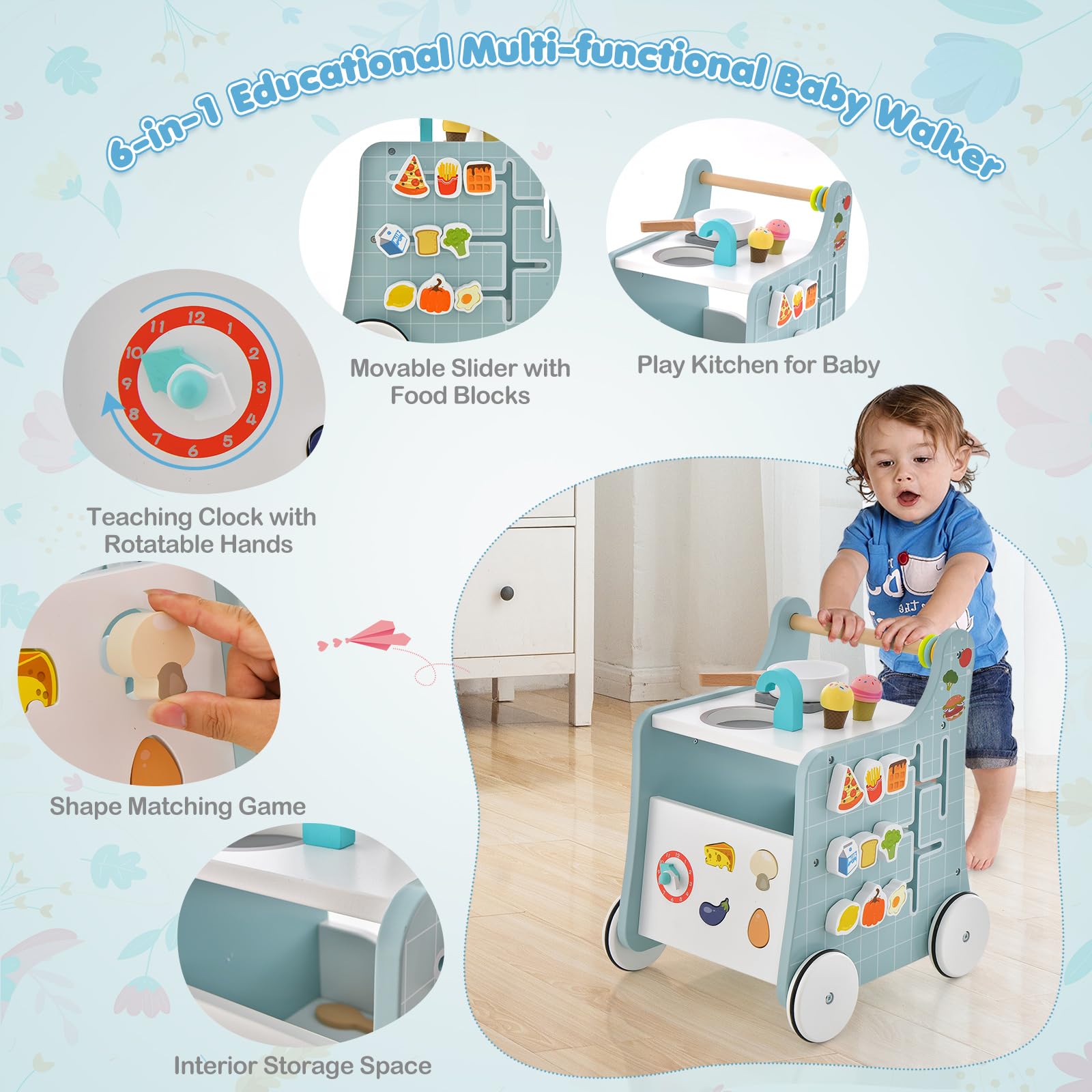 LIFEZEAL Girello per Bambini, Girello Neonato, in Legno, Girello con Giocattoli Montessori, Baby Walker, Primi Passi, Carrellino per Bimbi da 12 mesi a 36 mesi, Carrello Primi Passi con Ruote, Blu