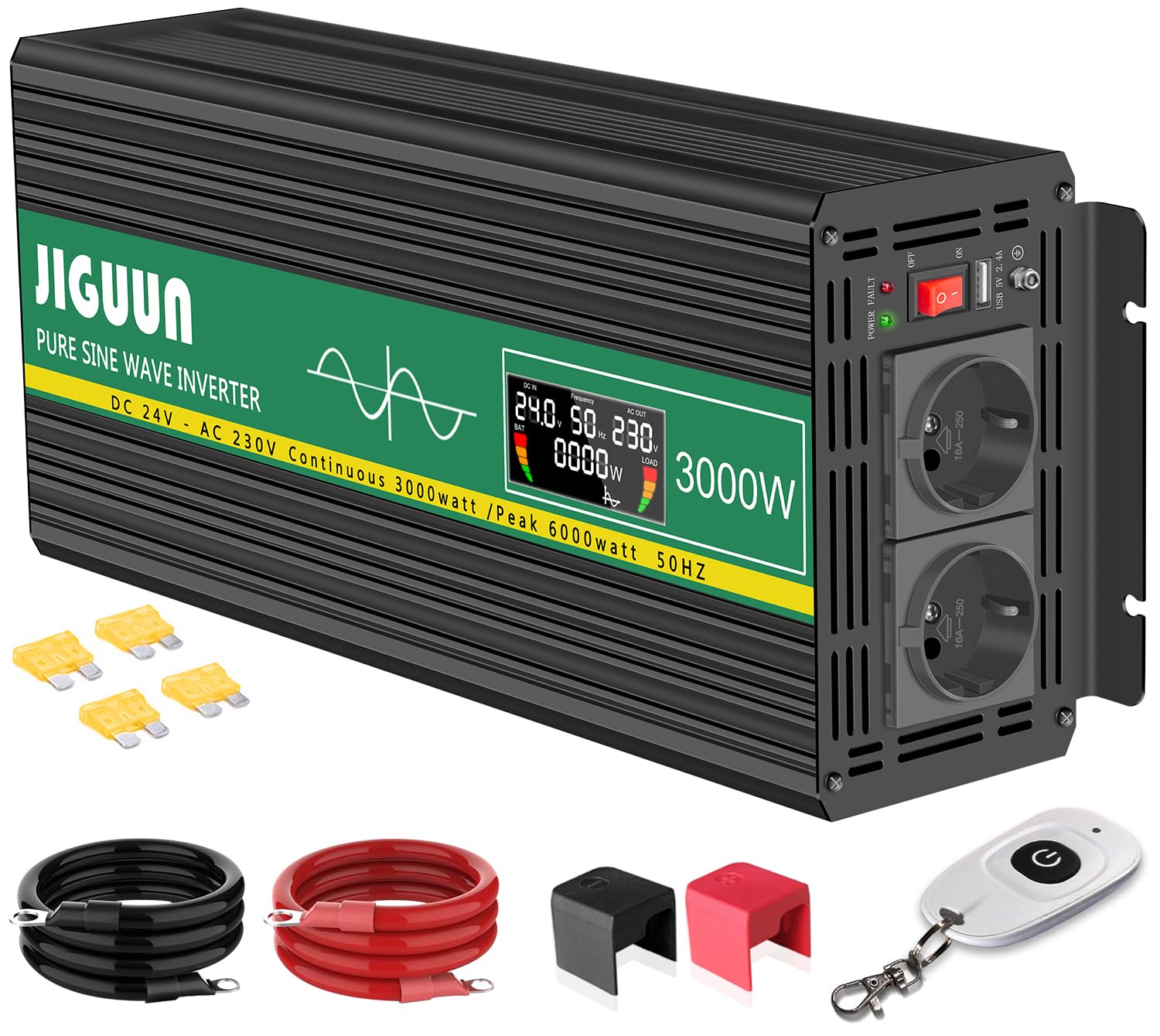 JIGUUN 3000W inverter 24V 220V onda pura Trasformatore con 2 prese EU e una porta USB 2.1A - Telecomando senza fili e display LCD Potenza di picco 6000W per camion camper emergenza
