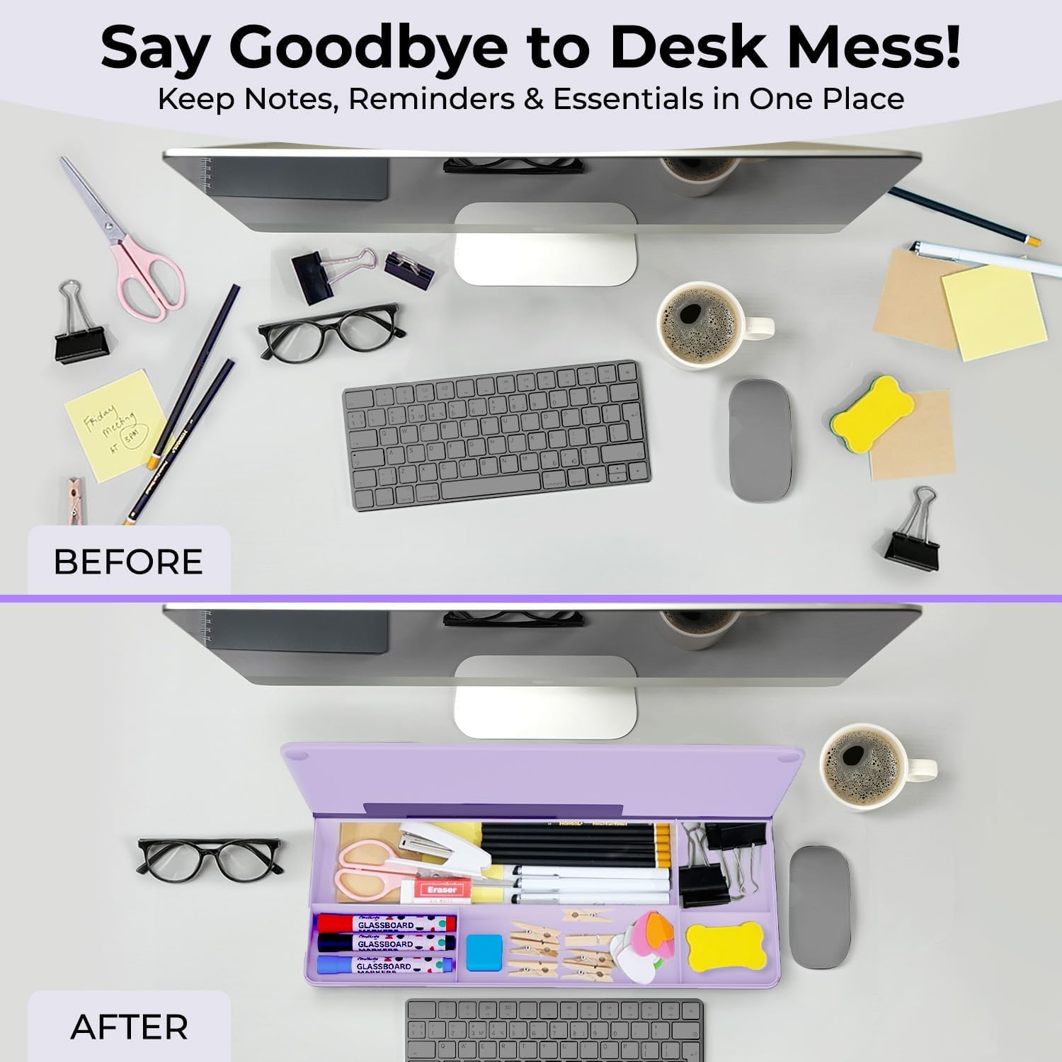 Chalkola Lavender GlassDesk Organiser — glass desktop whiteboard with 5-compartment storage