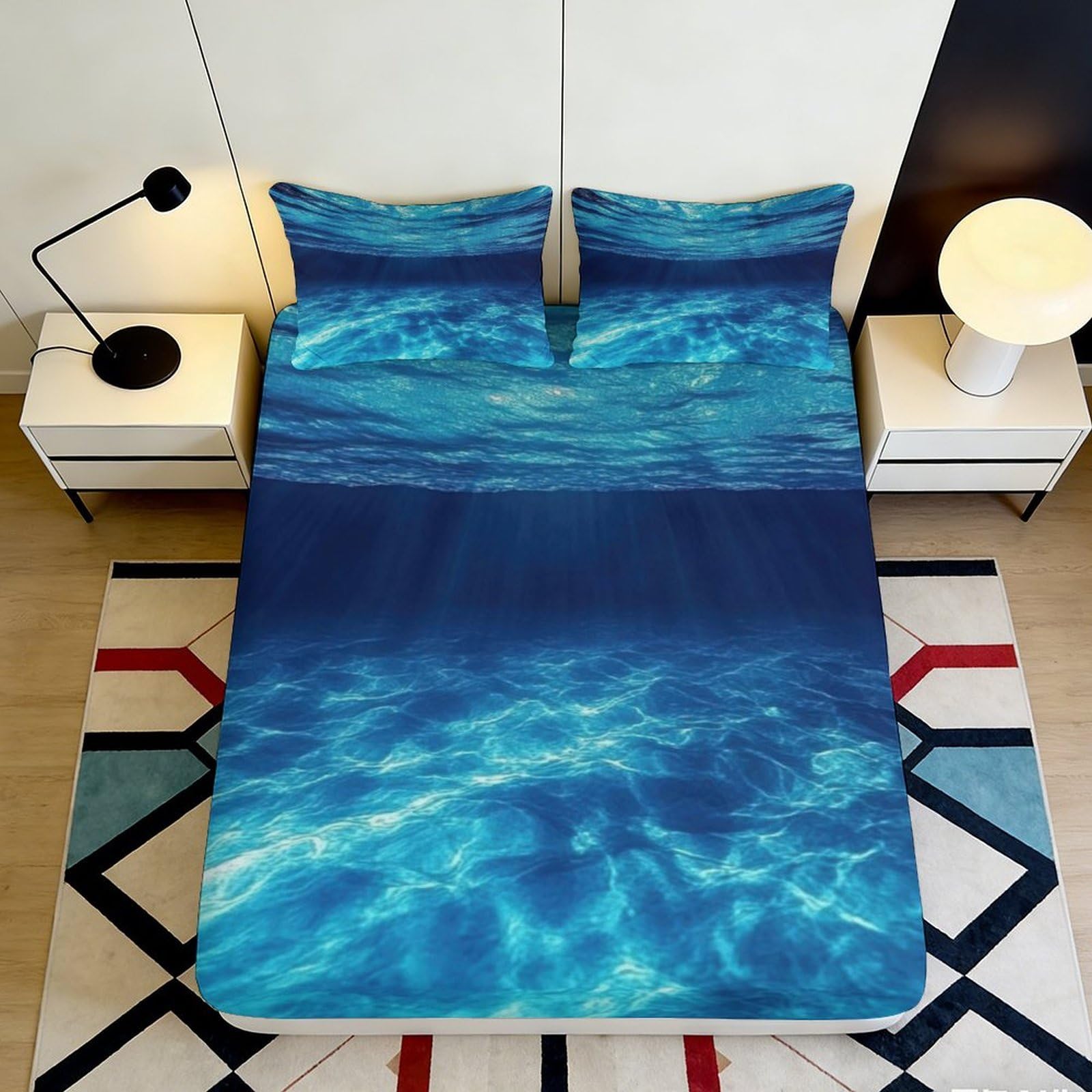 3D Printed Ocean Fitted Sheet Microfiber Deep Pocket Bedroom Bedding Ocean Mattress Fitted Cover Non-Slip Washable 120x200x25cm