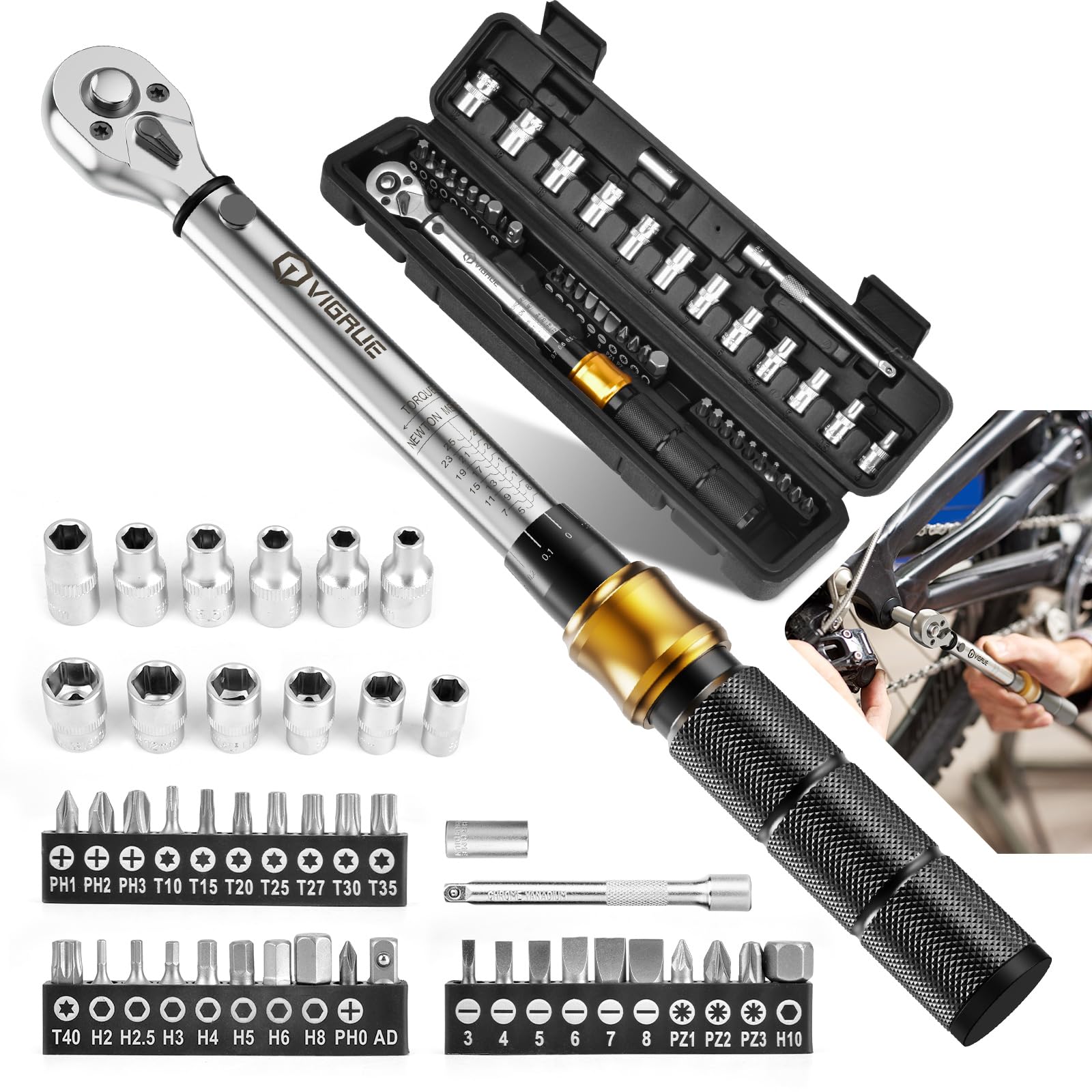 VIGRUE Drehmomentschlüssel Fahrrad, 1/4 Zoll Drehmomentschlüssel 5-25 Nm ±4% Fehlergenauigkeit mit Verlängerungsstange, Universalgelenk, Magnetische Zündkerzenhülse, Bits für Fahrrad und Motorrad