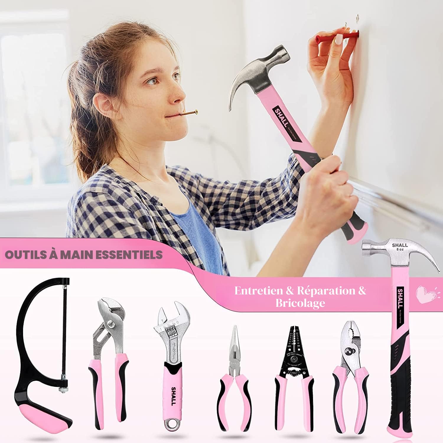 SHALL Ensemble d'outils à main de 246 pièces pour femme, rose, acier forgé, kit d'outils de base pour la maison