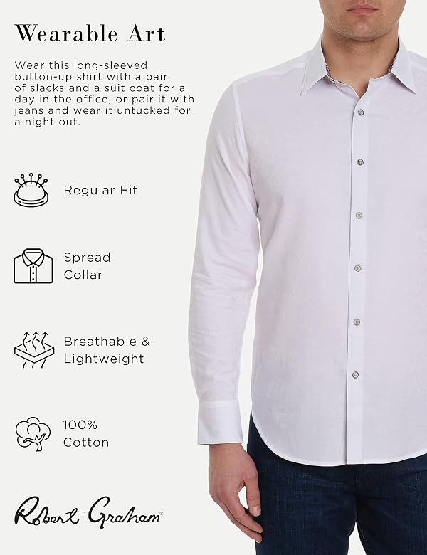 Robert Graham Men's Bayview Long-Sleeve Woven Button Down Shirt, Premium Cotton Knit Top, Classic-Fit & Richly Detailed White by Robert Graham - Used condition - Image 3