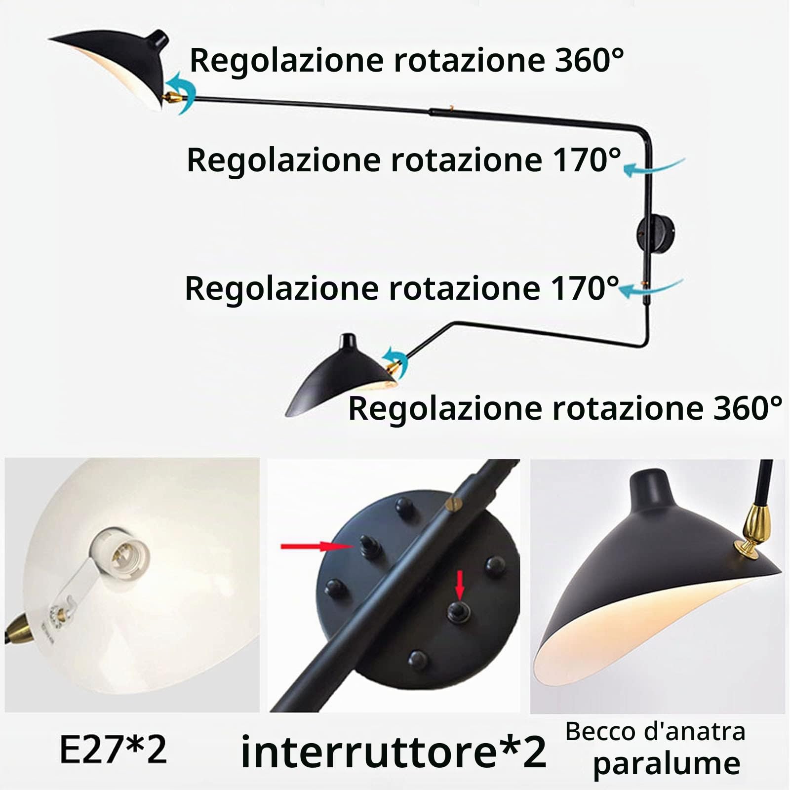 Creativo Molte Direzioni Lampada da Parete/muro Orientabile Industriale Braccio Lungo Orientabile 2 Fiamme Applique da Parete E27 Metallo Nero Comodino Lampada da Lettura con Interruttore