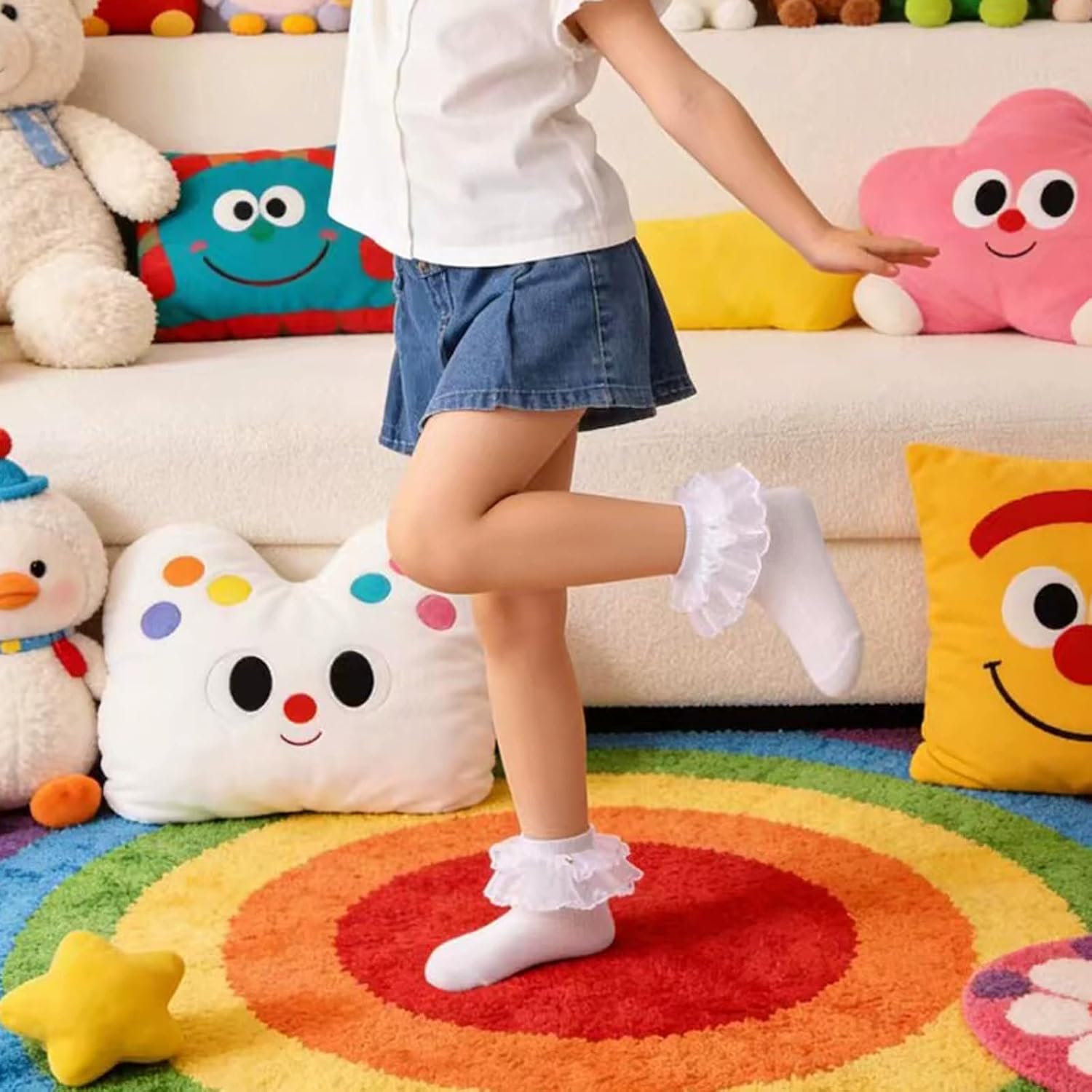 Baby Girls White Lace Ankle Socks - Toddler Cotton Breathable Dress Socks for 1-10 Years Kids - 6 Pairs