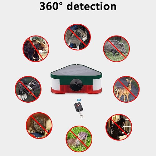 Miniatura 6 de Alarma solar de sonido y luz, alarma inteligente con sensor de movimiento ultrasónico de 360 con control remoto, 3 altavoces súper fuertes de 129 dB