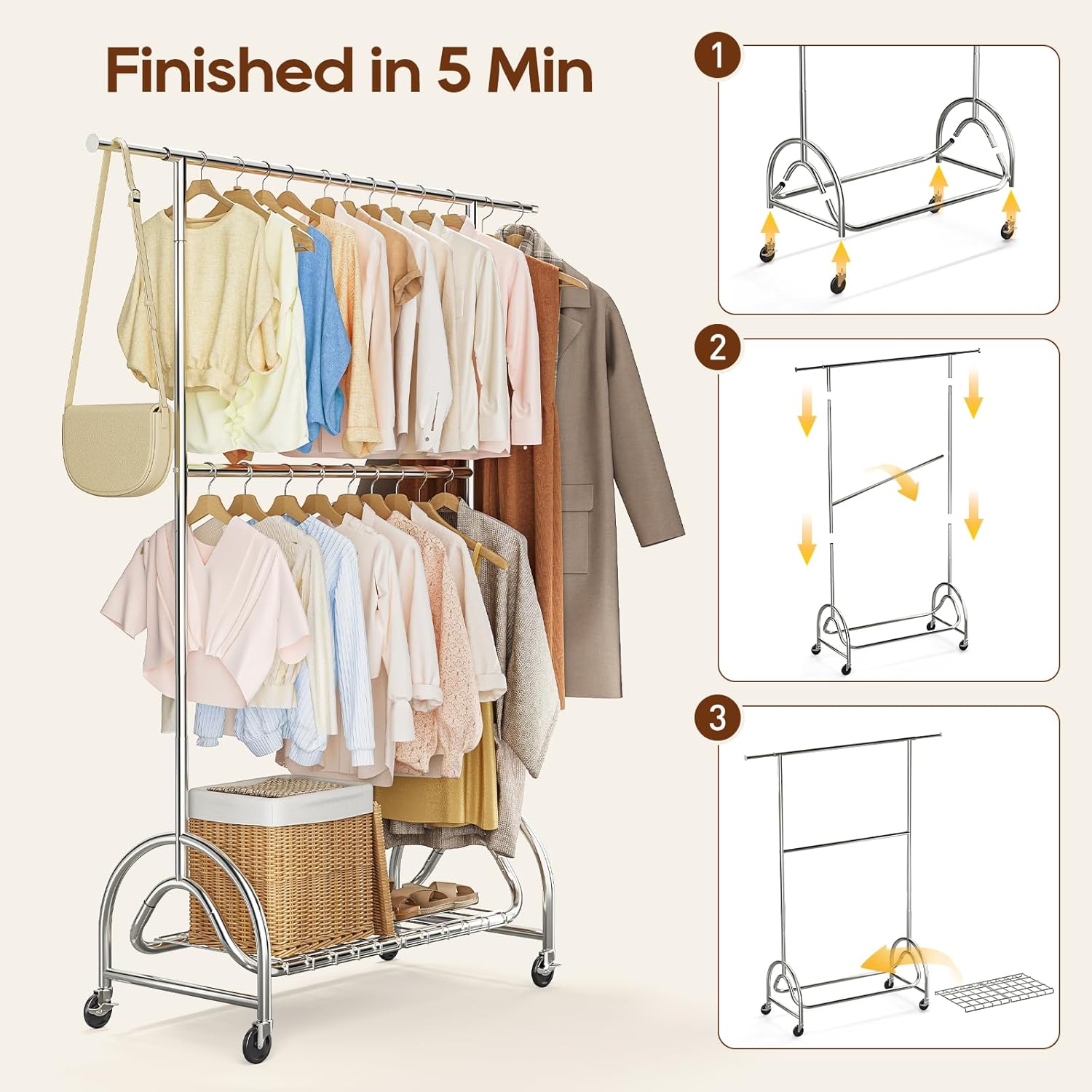TigerParty Heavy Duty Clothes Rack for Hanging Clothes, Adjustable 2-Tier Double Rod Garment Rack with 750LBS Load Capacity, Freestanding Clothing Rack with Wheels & Bottom Storage Shelf