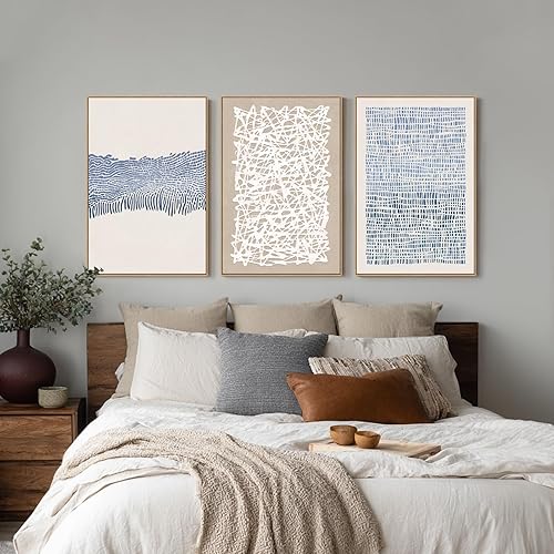 Miniatura 7 de SAFERRYHOME Arte de pared bohemio de contraste azul neutro de mediados de siglo, impresiones modernas en lienzo enmarcadas grandes líneas zen