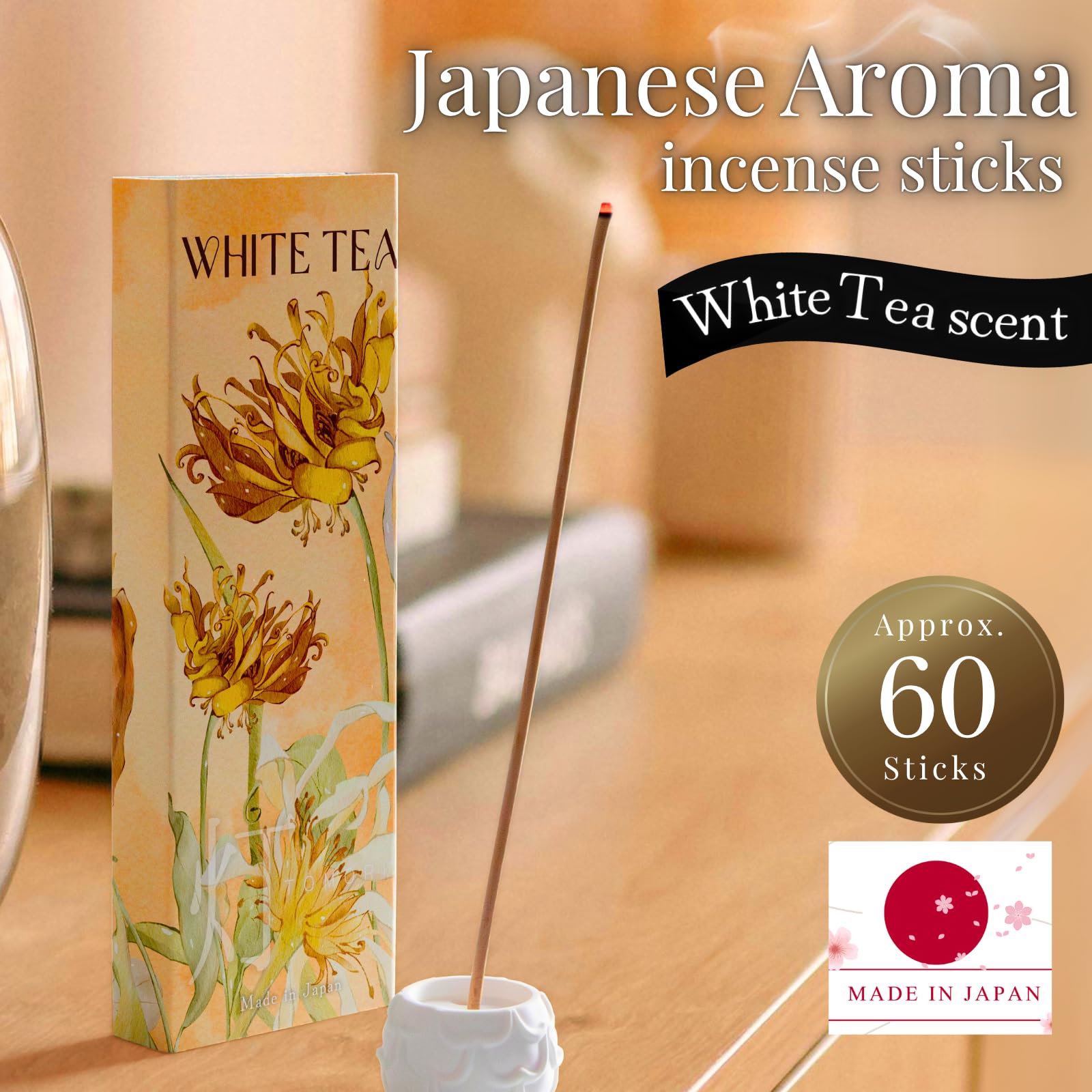 Luxury Japanese Incense Sticks White Tea Jasmine Musk Grapefruit Natural Incense-Sticks Approx 60pcs Aromatherapy Meditation Calming Stress Relief Relaxation Yoga