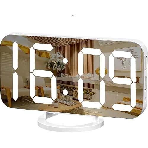 Digital Alarm Clock, Mirror LED Desk Clock with Large Display, White