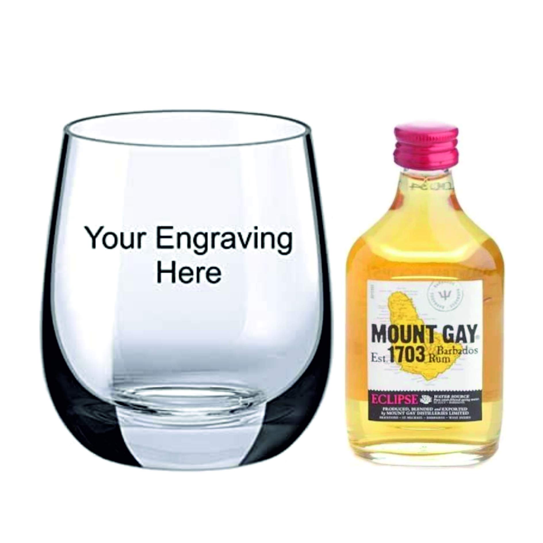 Personalised Engraved Roma Crystal Glass, with 50ml Miniature Mount Gay Eclipse Rum in Silk Lined Gift Box