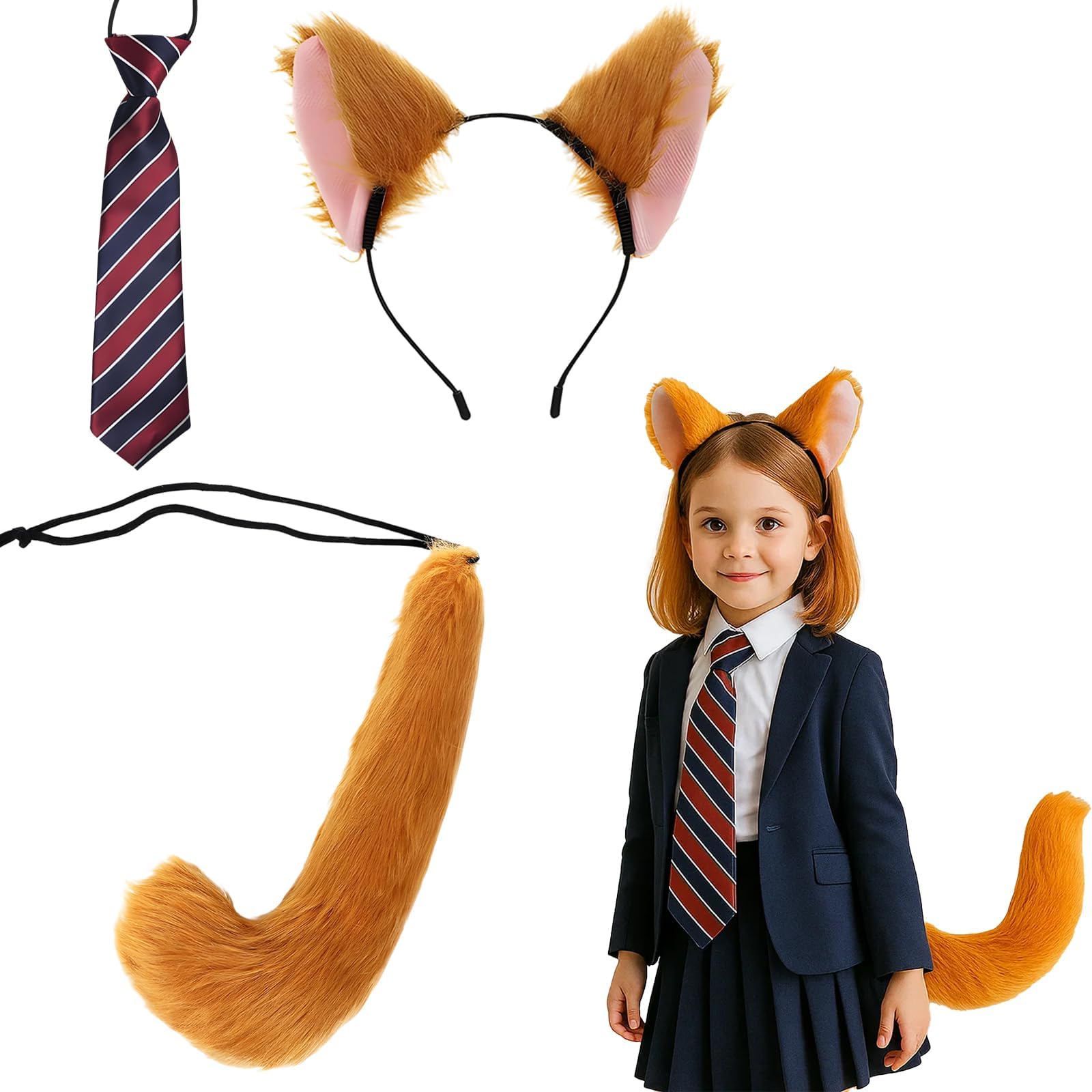 3 Pcs Fox Costume, Fox Ears and Tail Set, Animal Costume with Furry Tail, Ears and Bow Tie, Halloween Cosplay for Kids and Adults, Animal Themed Parties and Stage Shows