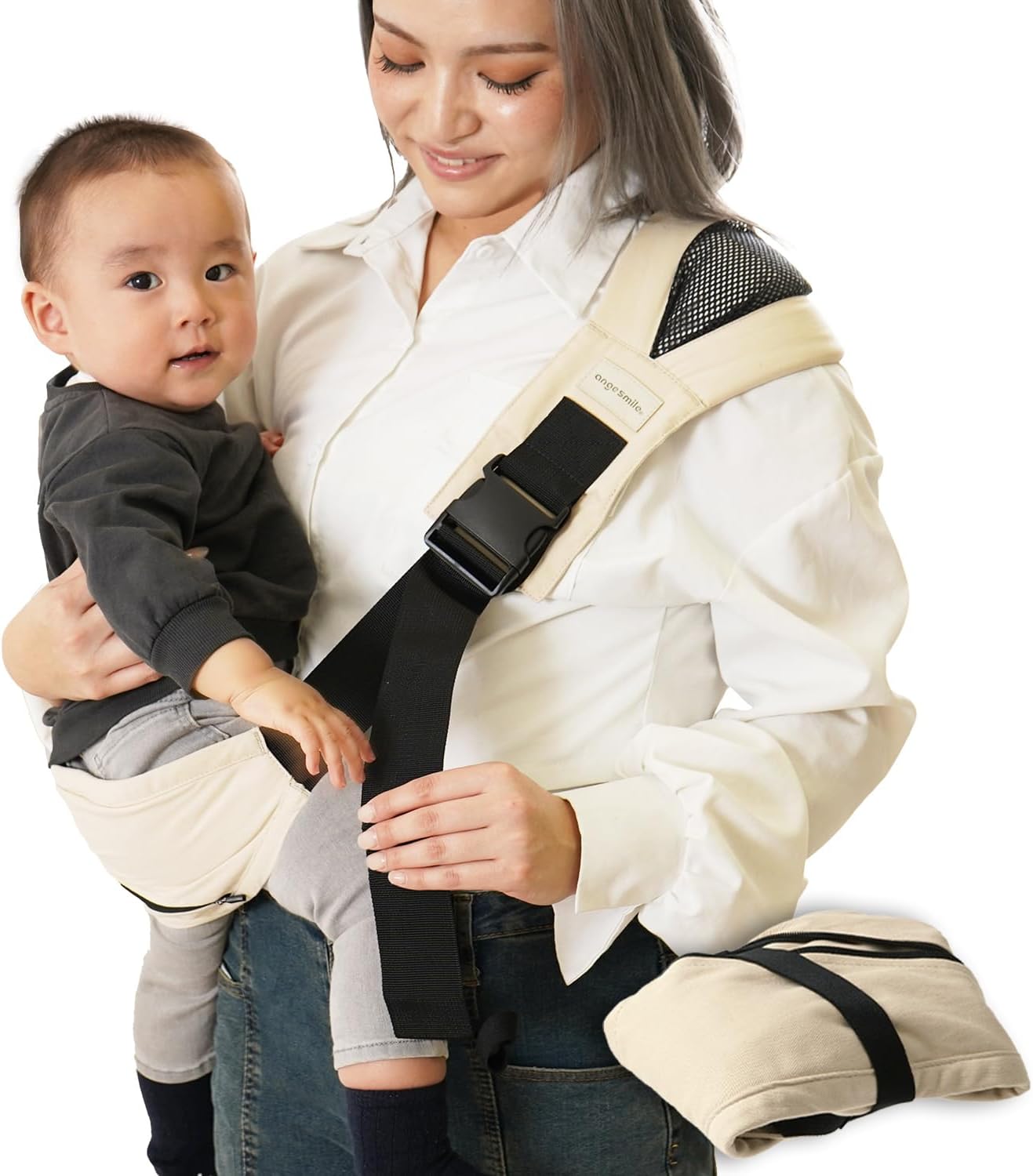 Ange Smile 2nd Baby Sling - One Size Fits Most Unisex Mesh Hip Seat Compact Lightweight Beige