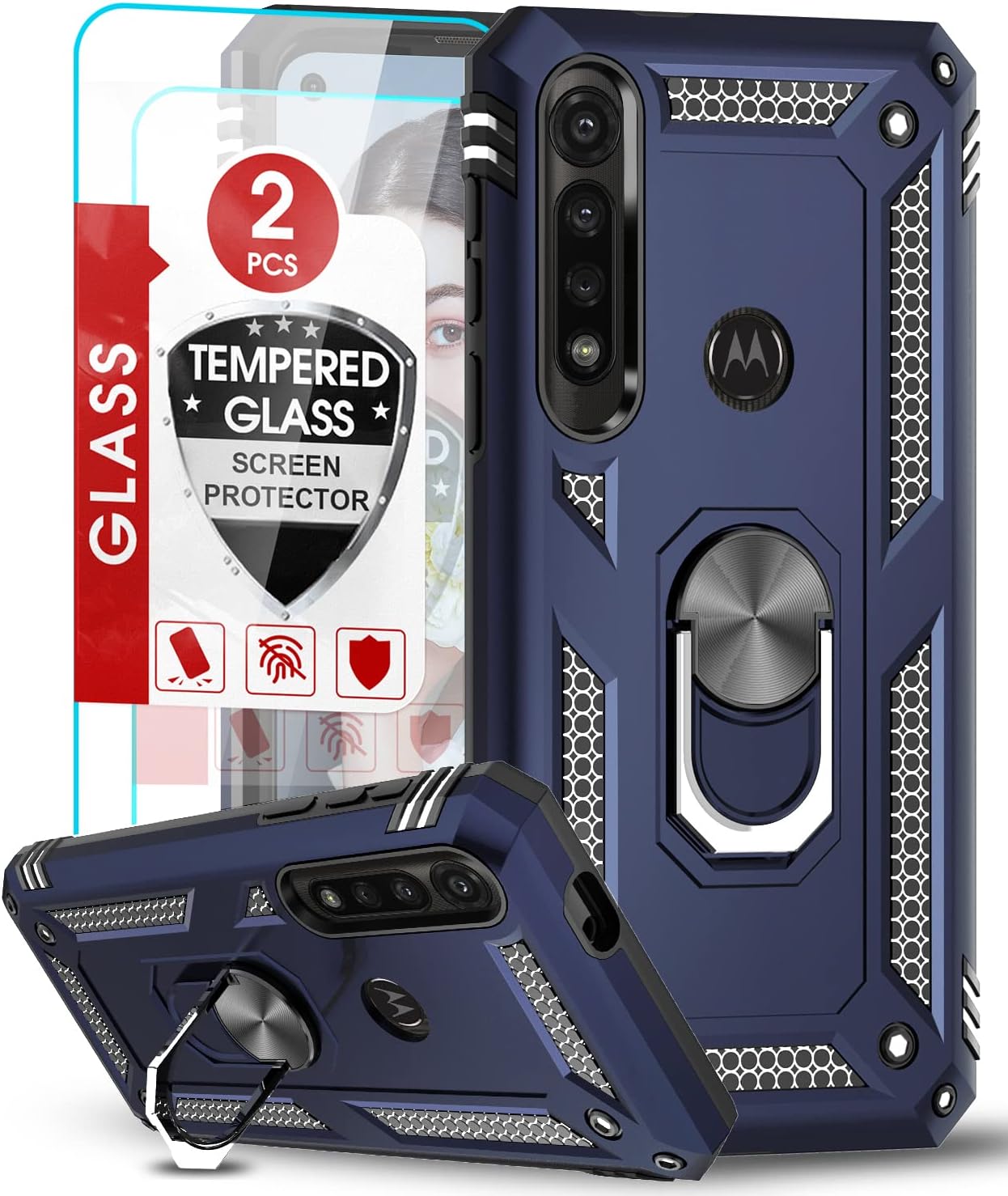 LeYi Moto G Stylus Case, Moto G Pro Case 2020 with [2PCS] Tempered Glass Screen Protector, Military-Grade Armor Defender Phone Case with Magnetic Rotating Ring Kickstand for Motorola G Stylus, Blue