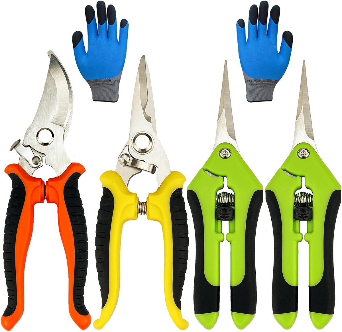 Tijeras de podar, paquete de 5 tijeras de jardín con guantes de jardinería, cortaúñas de mano, tijeras de jardín de acero inoxidable, podadoras Lengnoyp para jardinería