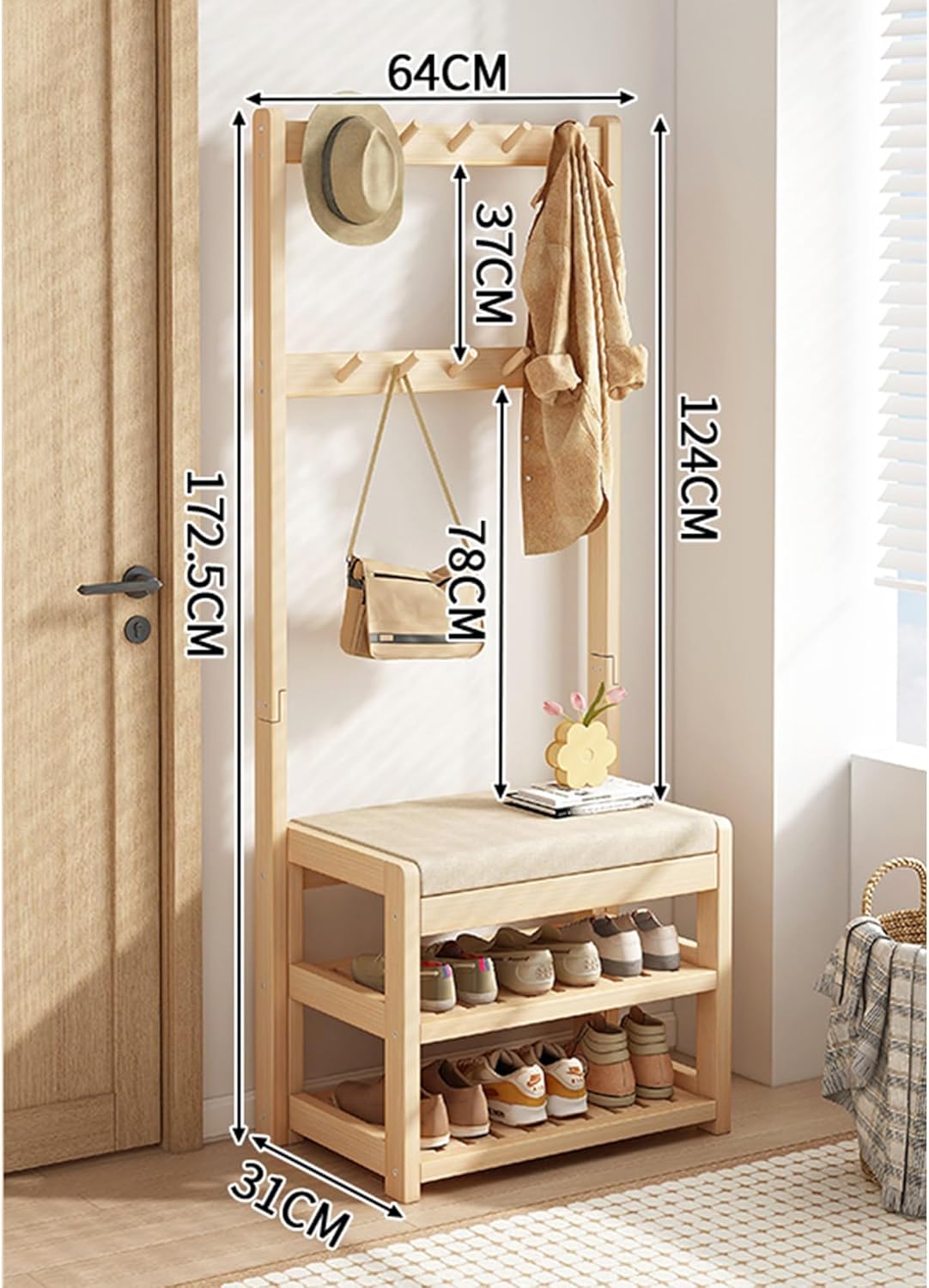 Solid Wood Hall Tree with Bench and Shoe Storage, Freestanding Hall Tree with Shoe Storage Mud Room Bench, Upholstered Sponge-Padded Seat, for Hallway, Bedroom, Living Room (Size : 64 * 173cm)