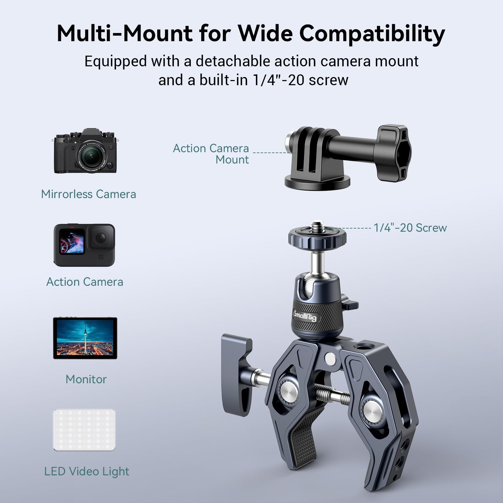SMALLRIG Super Clamp con Rótula, Clamp de Montaje de Cámara con Adaptador Gopro, Monitor de Cámara, luz LED, Carga Máxima de 3,5kg (7,7lb) - 4102