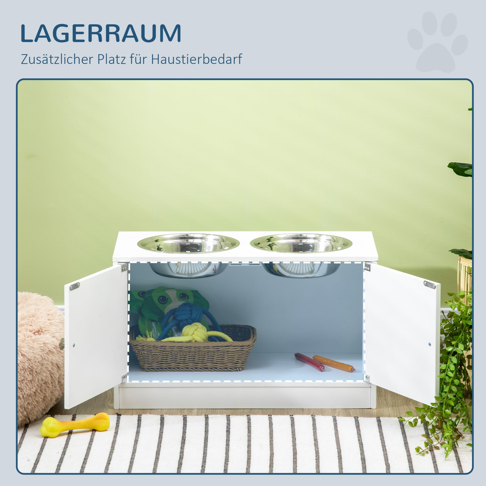 PawHut Hundenäpfe, Erhöhtes Futterstation mit 2 Edelstahlschüsseln, Hundenapfständer mit 44L Stauraum, Magnettüren, Fressnapf, Wassernapf für Große Hunde, Weiß