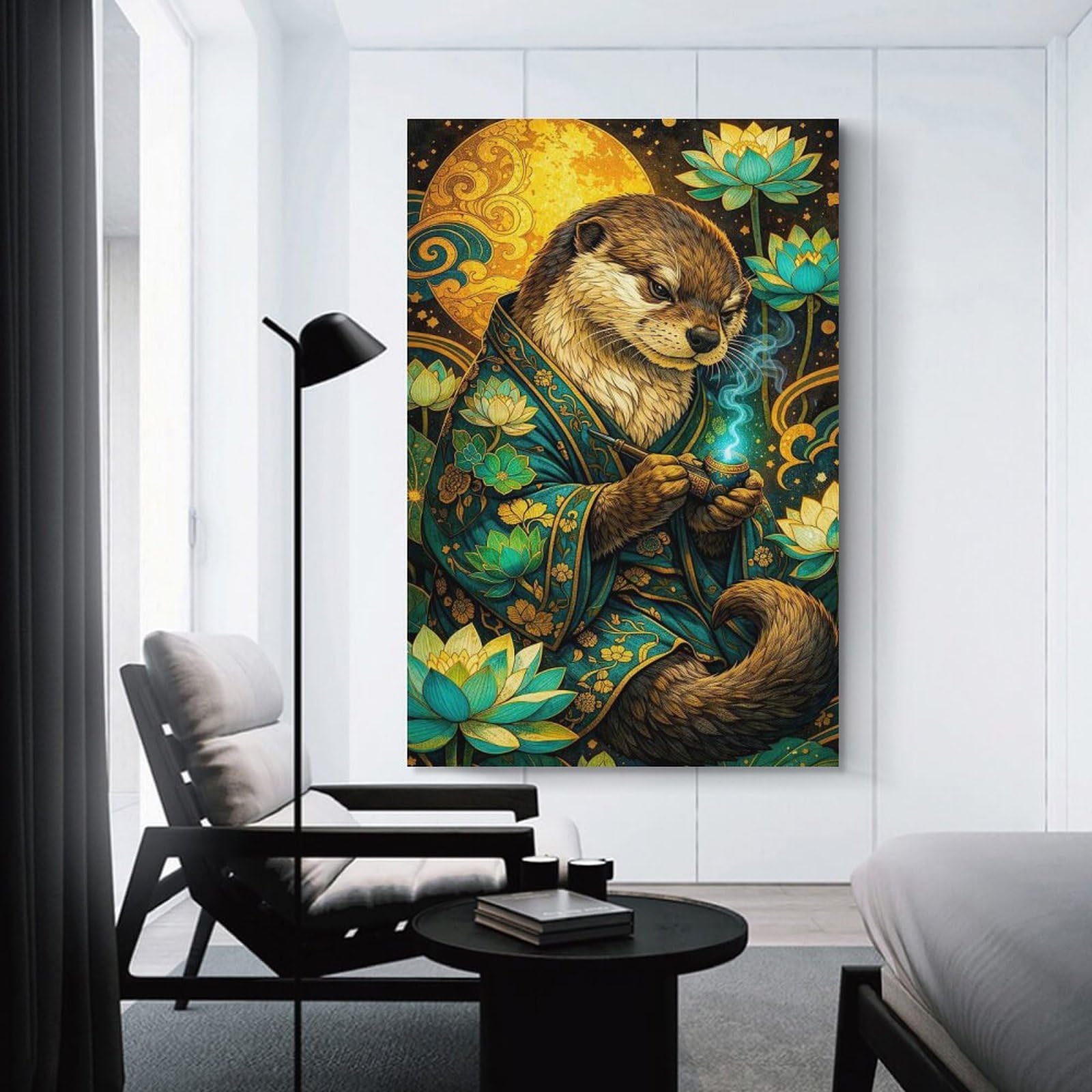 Junmoney Wall Art Print Otter Smoking Pipe with Lotus Flowers, 24x36inch(60x90cm), for Hallway, Bedroom Or Modern Interiors, Thoughtful Wall Decor for Art Lovers