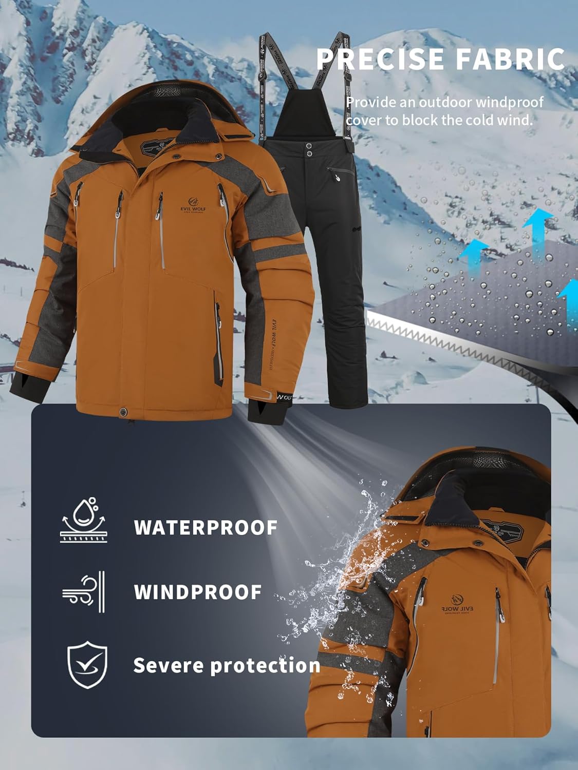 EVIL WOLF Men's Ski Jacket and Pants Set, Waterproof Windproof Snow Suit, Detachable Suspenders, Multiple Colors