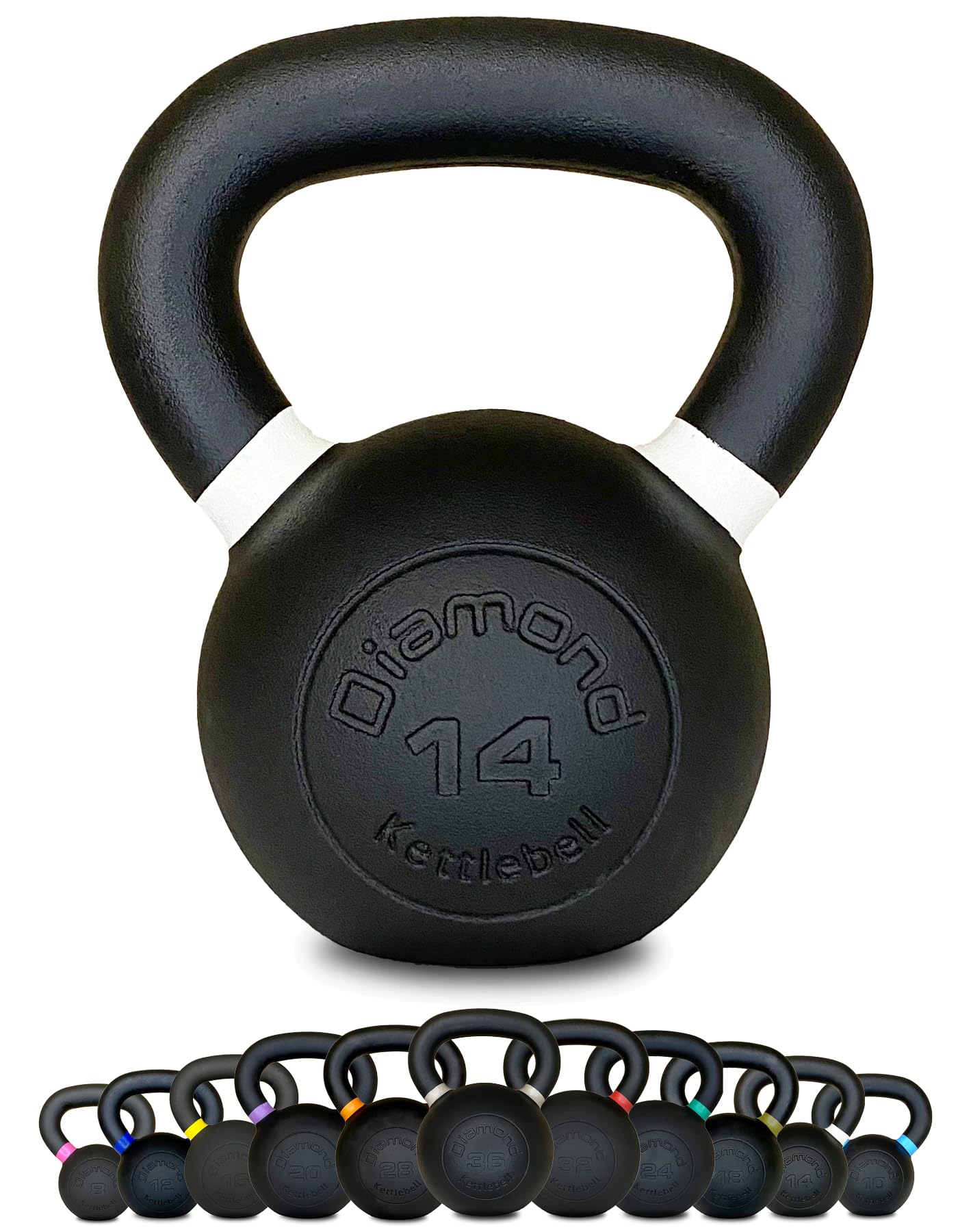 Diamond [Kettlebell Ghisa Pro 4–36 Kg] Peso In Ghisa Nera Opaca, Maniglia Grip 25–38 Mm, Pesi Per Cross Training, Allenamento Funzionale E Forza, Home Gym E Palestra