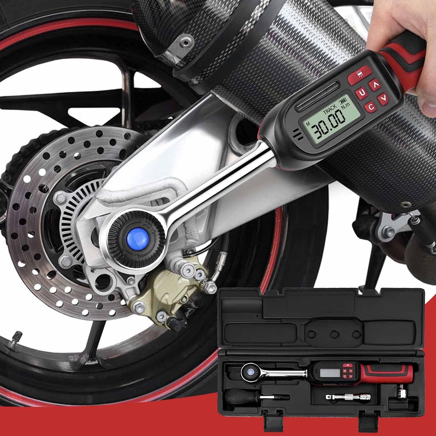 Creative Product VANPO 3/8-Inch Drive Digital Torque Wrench, Electronic Torque Wrench (2.2-44.3 ft-lbs./3-60Nm), Torque Wrench Set with Accurate to ±2%, Buzzer & LED Indicator, 1/4 Adapter, Extension Bar for Bike Moto