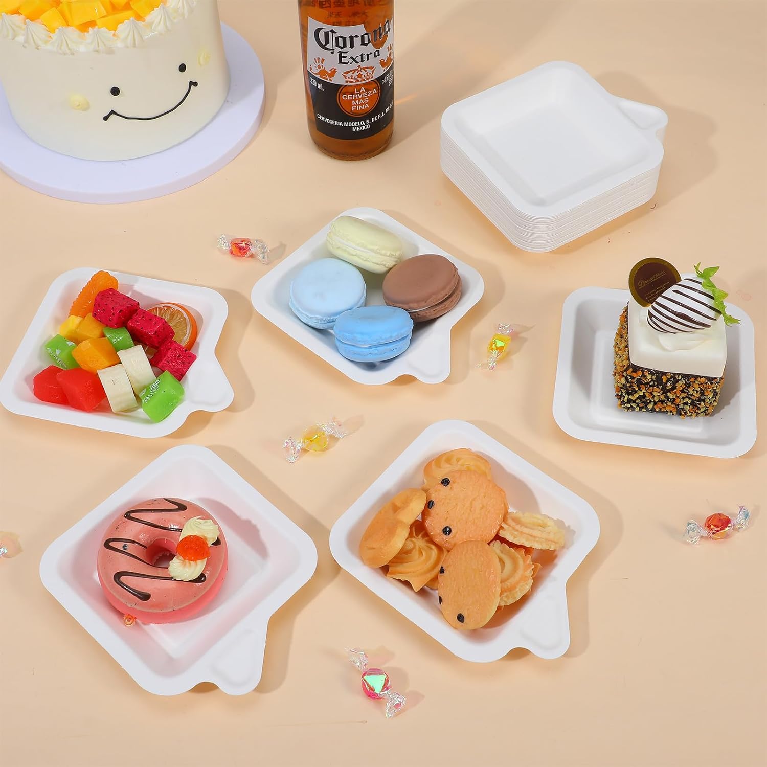 300 Pcs 4.5 Inch Small Paper Plates, Bulk Disposable Mini Plate Sugarcane Bagasse Tiny, White Square Paper Dessert Plate, Mini Cake Appetizer Plates for Wedding, Birthday, Graduation Party