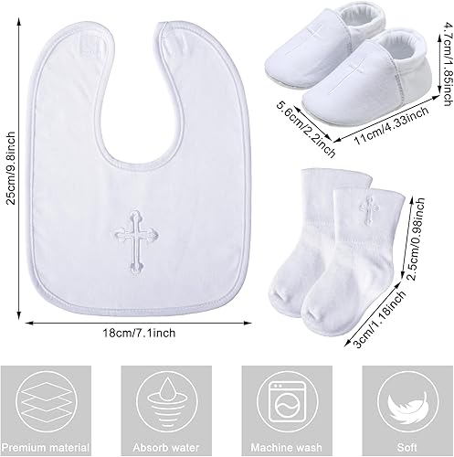 Miniatura 2 de Hicarer 5 piezas de regalos de bautismo para niños y niñas, incluyendo babero blanco bordado cruz babero bautizo zapatos y calcetines para bebé bebé