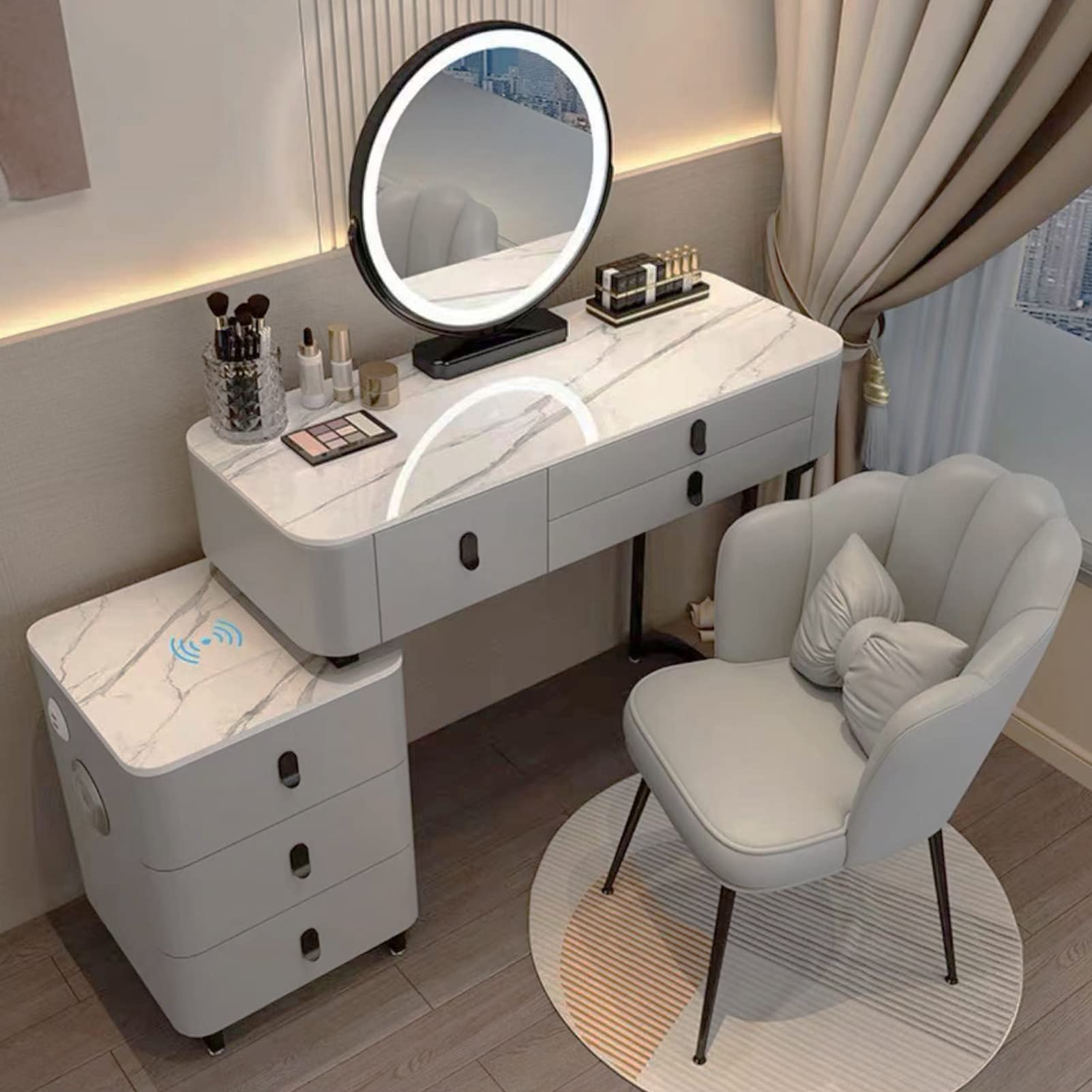 CGCSYZ Makeup Vanity Desk Set with Cushioned Stool, Dressing Table tempered glass desktop, Vanity Table with Lighted Mirror, Movable Drawer Chest with Charging Station(Gray Slate B-80cm/31.5in)