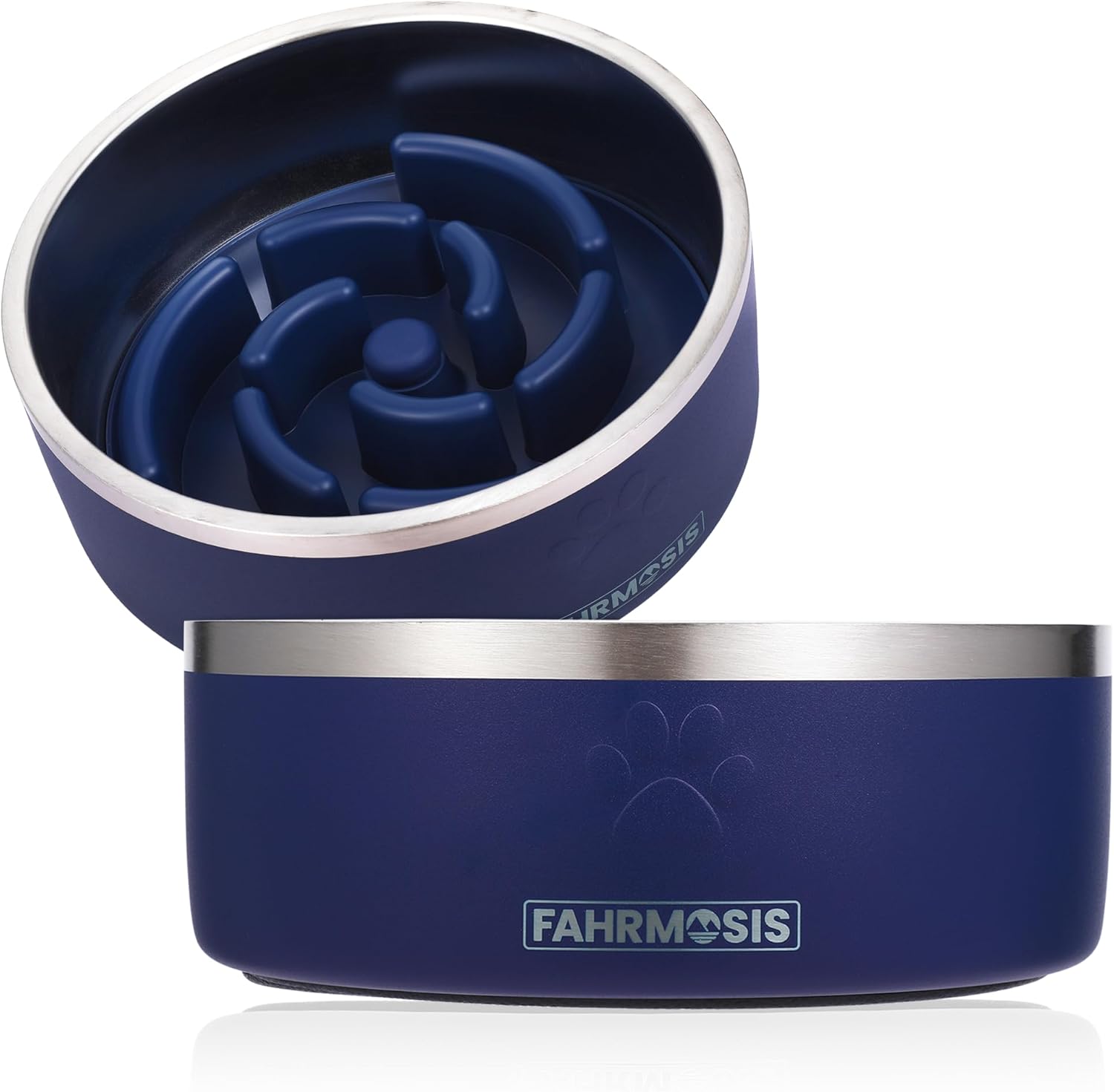 FAHRMOSIS 32 Oz Dog Bowl with Slow Feeder Insert Stainless Steel Pet Water Bowl for Medium & Large Breed Non Slip Rubber Base & Plastic Puzzle Feeder - Navy Blue