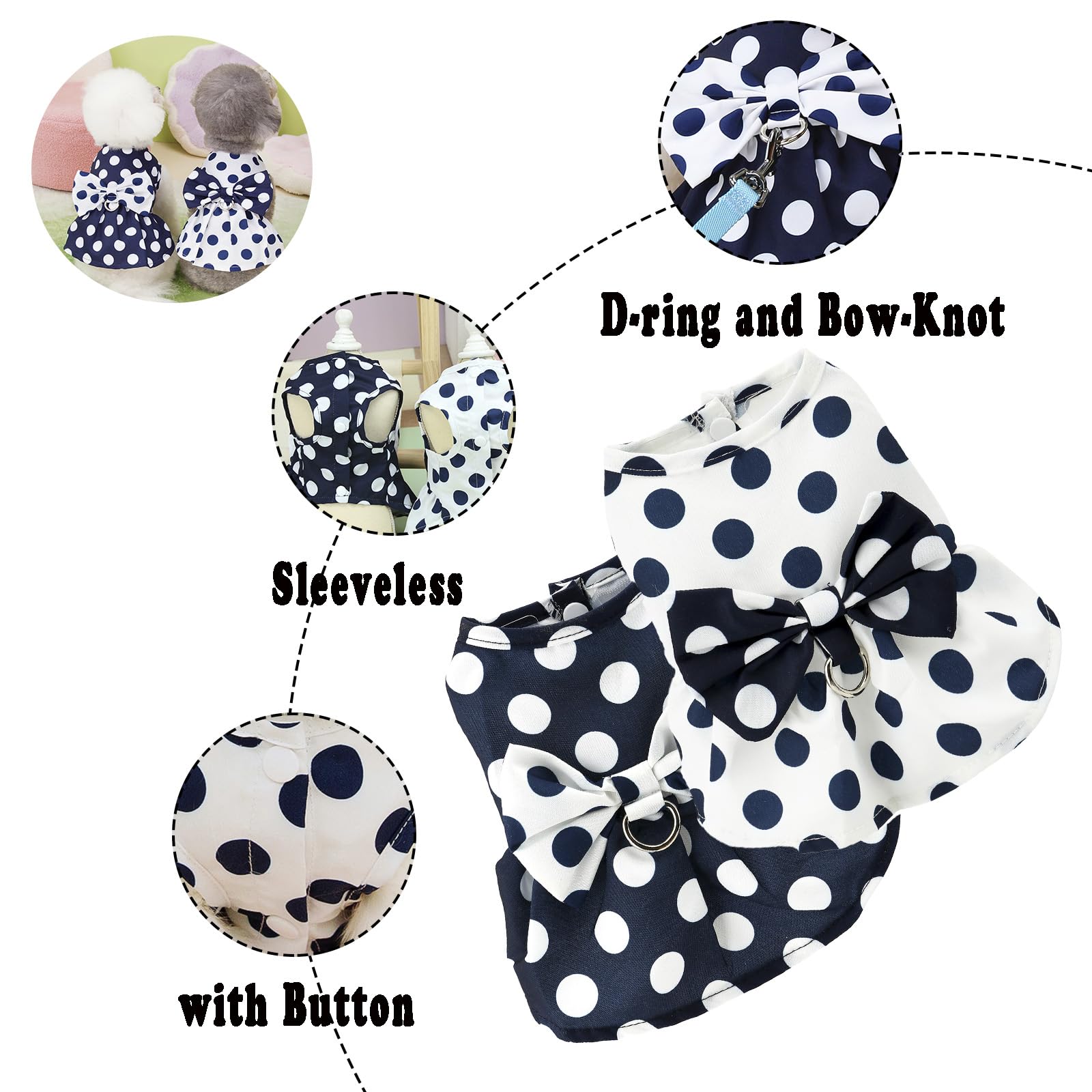 PAIDEFUL Dog Harness Dress,Retro Bow Princess Dresses for Small Dogs Cats Fashion Polka Dot Puppy Pleated Skirt Soft Lightweight Doggy Sundress Button up Chihuahua Clothes Costume D-ring,White,M - Image 4