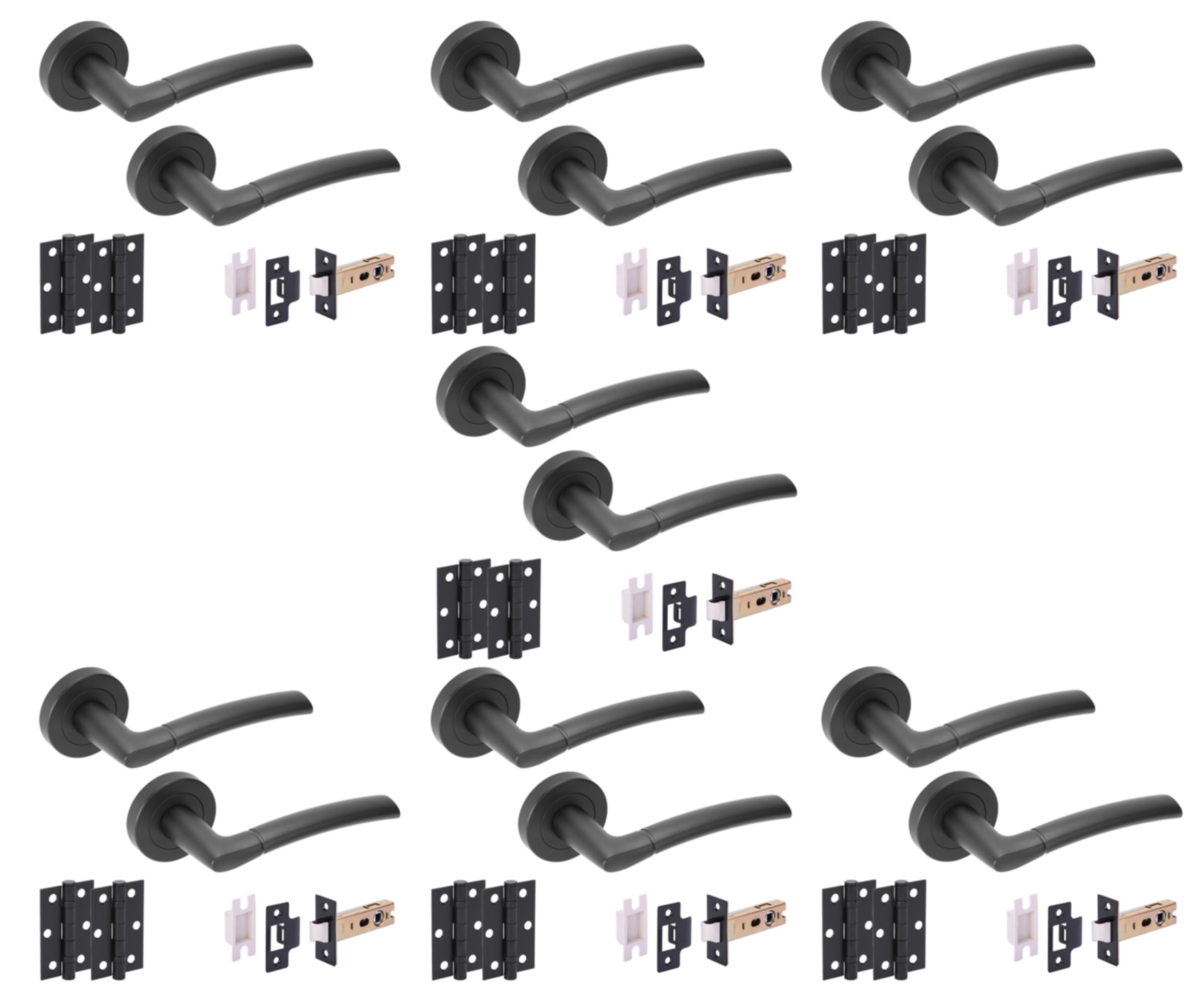 Hunta HANDLEZONE® 7 Sets Neemo Internal Door Handles on Rose Lever Latch Packs with Ball Bearing Hinges - Black Matt