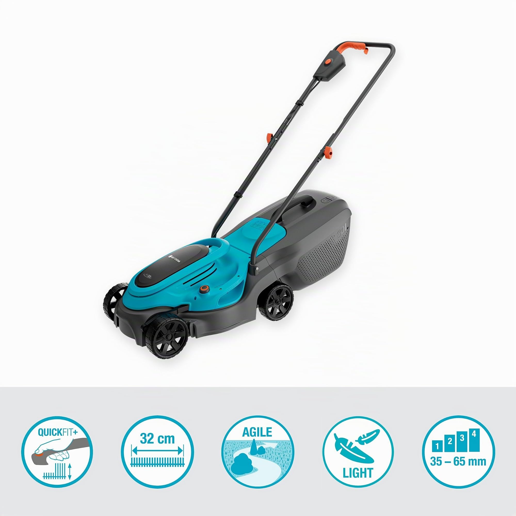 Gardena Cortacésped con batería EasyMax 32/18V P4A Set Listo para Usar: Cuchilla de Corte, Ligero, Ajuste de Altura, Recolección de Hierba, Sin Cable (14634-20)