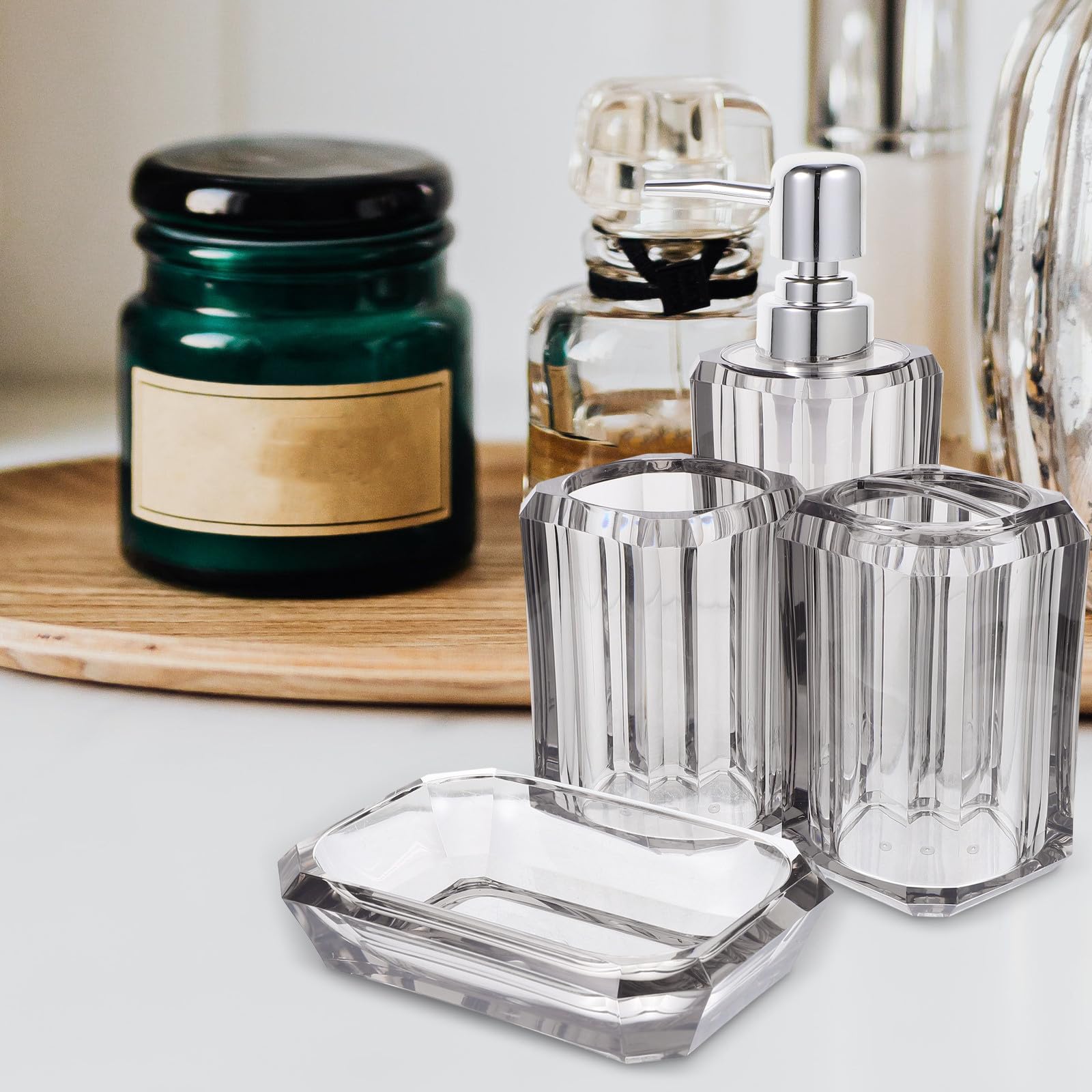 PRETYZOOM Juego de Accesorios para Baño de Acrílico y Acero Inoxidable Dispensador de Jabón y Soporte para Cepillos, Diseño Elegante para Mantener el Baño Ordenado