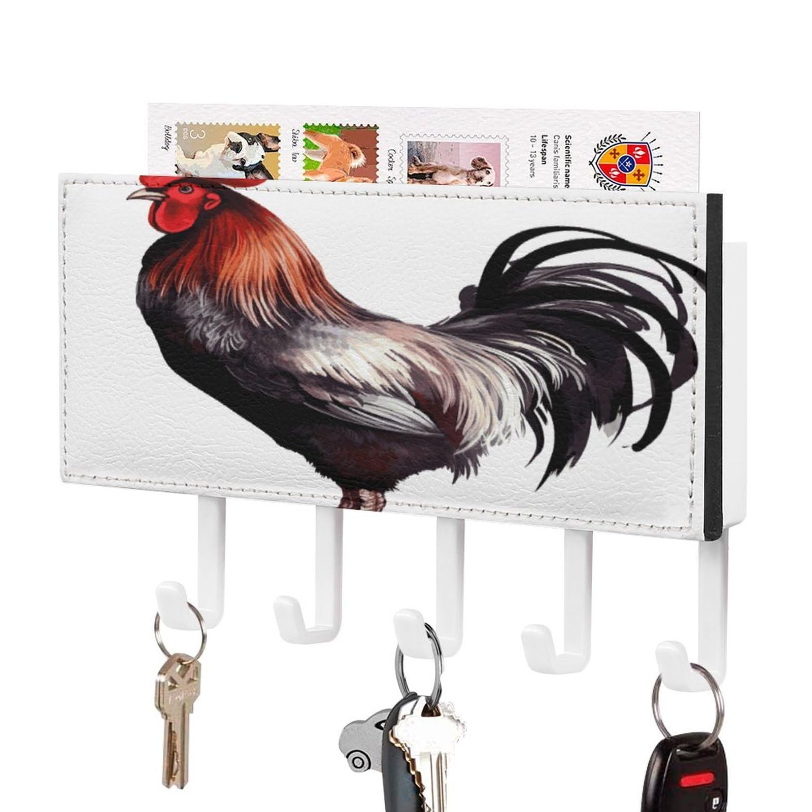 Fekiloot White-Style Rooster Key Holder Wall Mount Decorative Key And Mail Holder Pu Key Rack With 5 Hooks Key Hanger Organizer Decorative Home Decor For Wall For Entryway Office Living Room