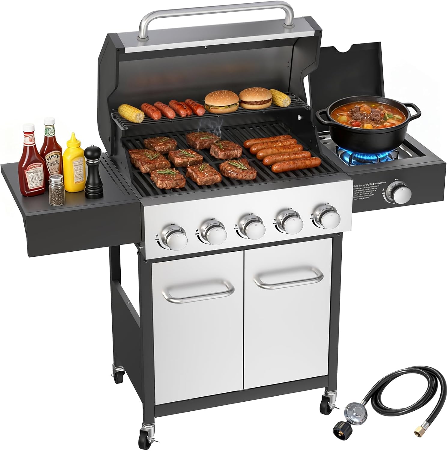 Veralune 5+1 Burner Propane Gas Grill with Side Burner, 68,000 BTU Professional Grade Stainless Steel Outdoor BBQ Grill, 548 sq.in Cooking Area, Patio Cart Design for Backyard, Garden Cooking