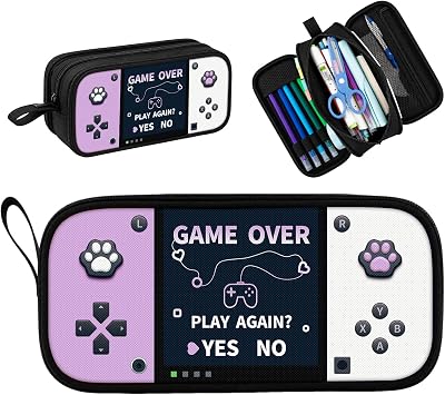 Game Controller Pencil Case for Boys Kids Teens, Large Capacity Pencil Pouch with 3 Compartments, 7 Pockets and Label Pocket for School College Office Travel Purple & White