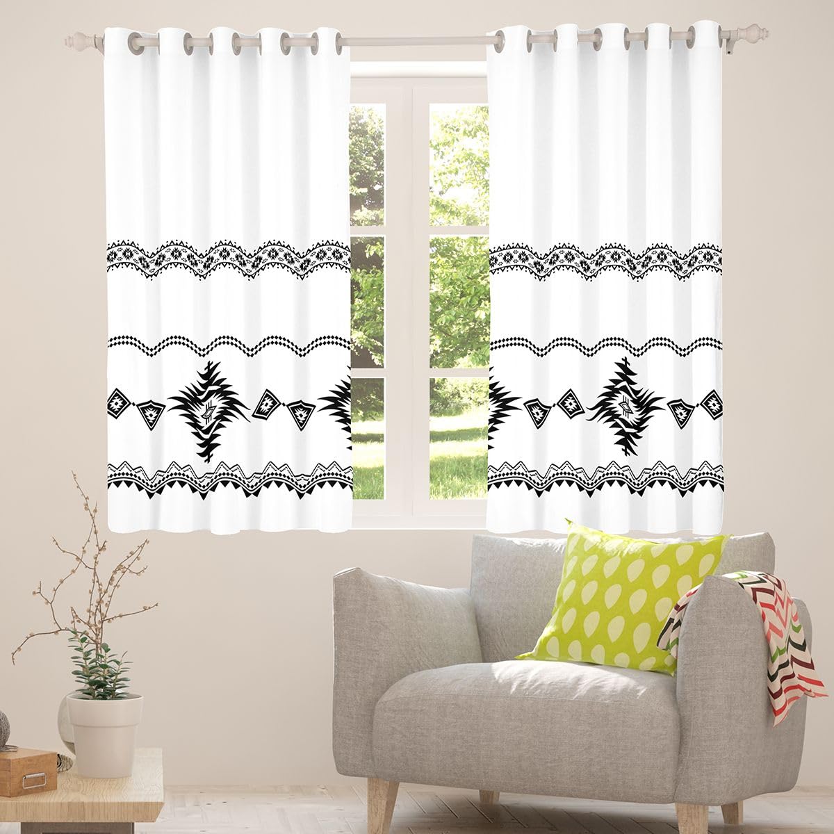 Homewish Rideau Occultant 140x245 cm Western Rideau Style Navajo Aztèque Rideaux Voilage Ferme Boho Blanc Voilage Fenetre Motif Tribal Géométrique Sud-Ouest pour Chambre Salon