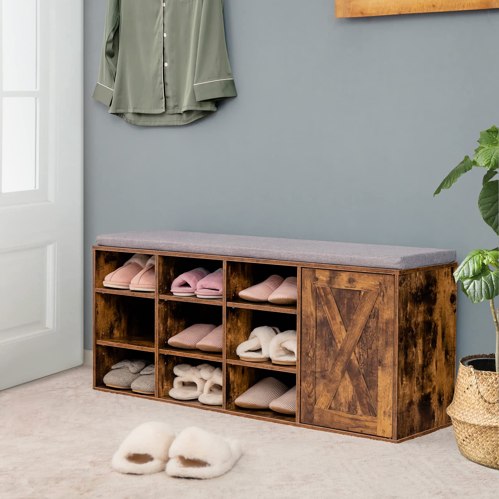COSTWAY Panca Scarpiera da Ingresso, Scarpiera con Seduta Imbottito, 9 Scomparti e Armadio con Ante, Panca Contenitore con Ripiani Regolabili, per Camera da Letto Corridoio, 110,5x30x49 cm (Marrone)