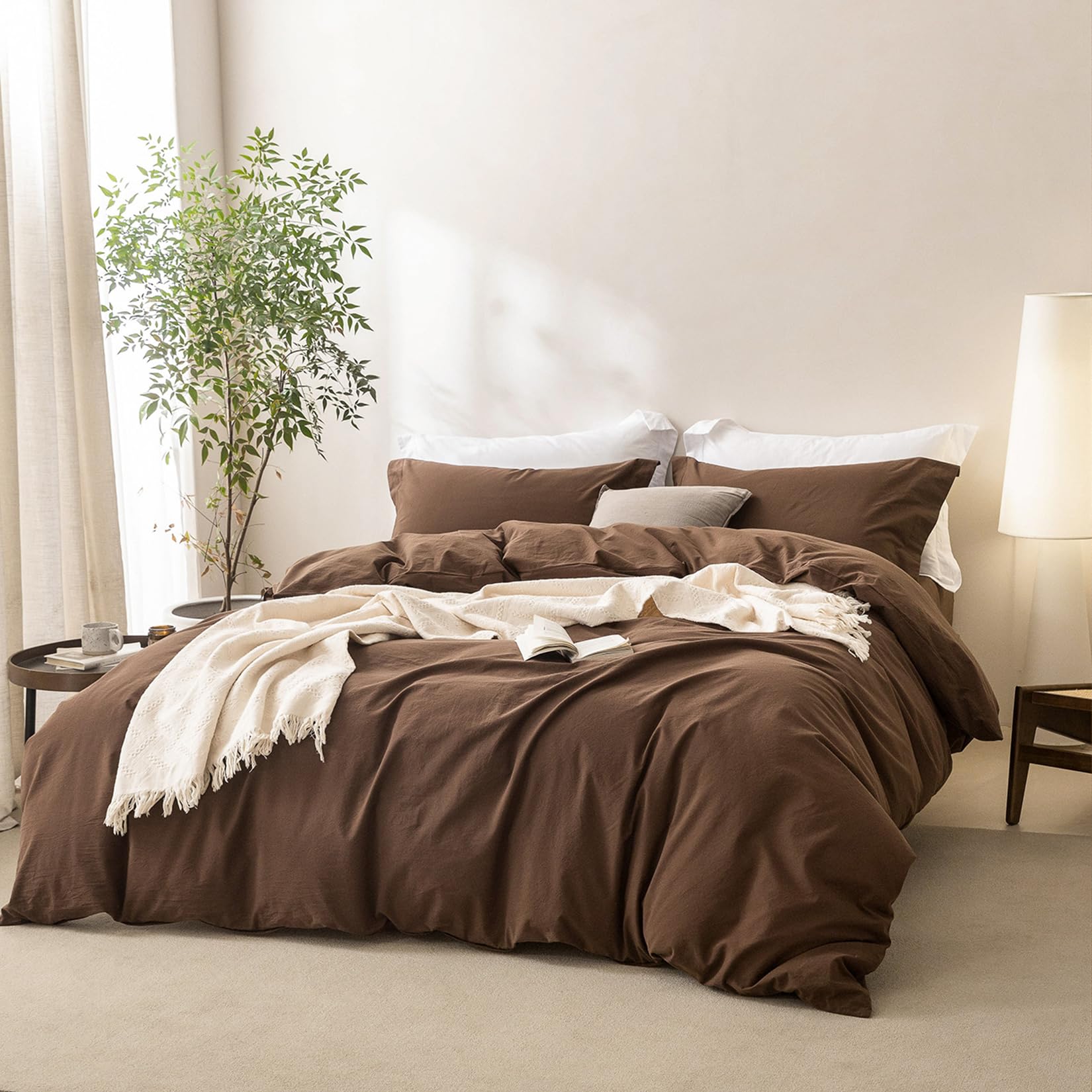 Photo 1 of BDEAR 3 Pieces Cocoa Brown Duvet Cover Set King Size 104'' W x 90'' L, Percale 100% Washed Cotton Duvet Cover with Zipper Closure Plus 2 Pillowcases, Oeko TEX Standard Certificated, Cozy Feel