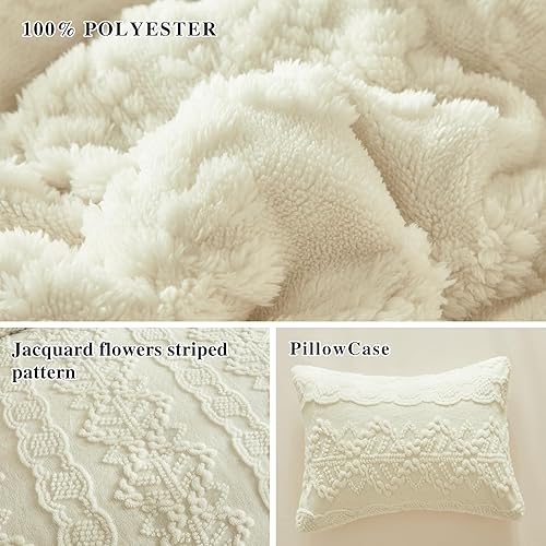 Miniatura 6 de Juego de edredón de lujo de franela de forro polar Sherpa tamaño matrimonialQueen, edredón jacquard bohemio a rayas de plumón alternativo blanco, 3