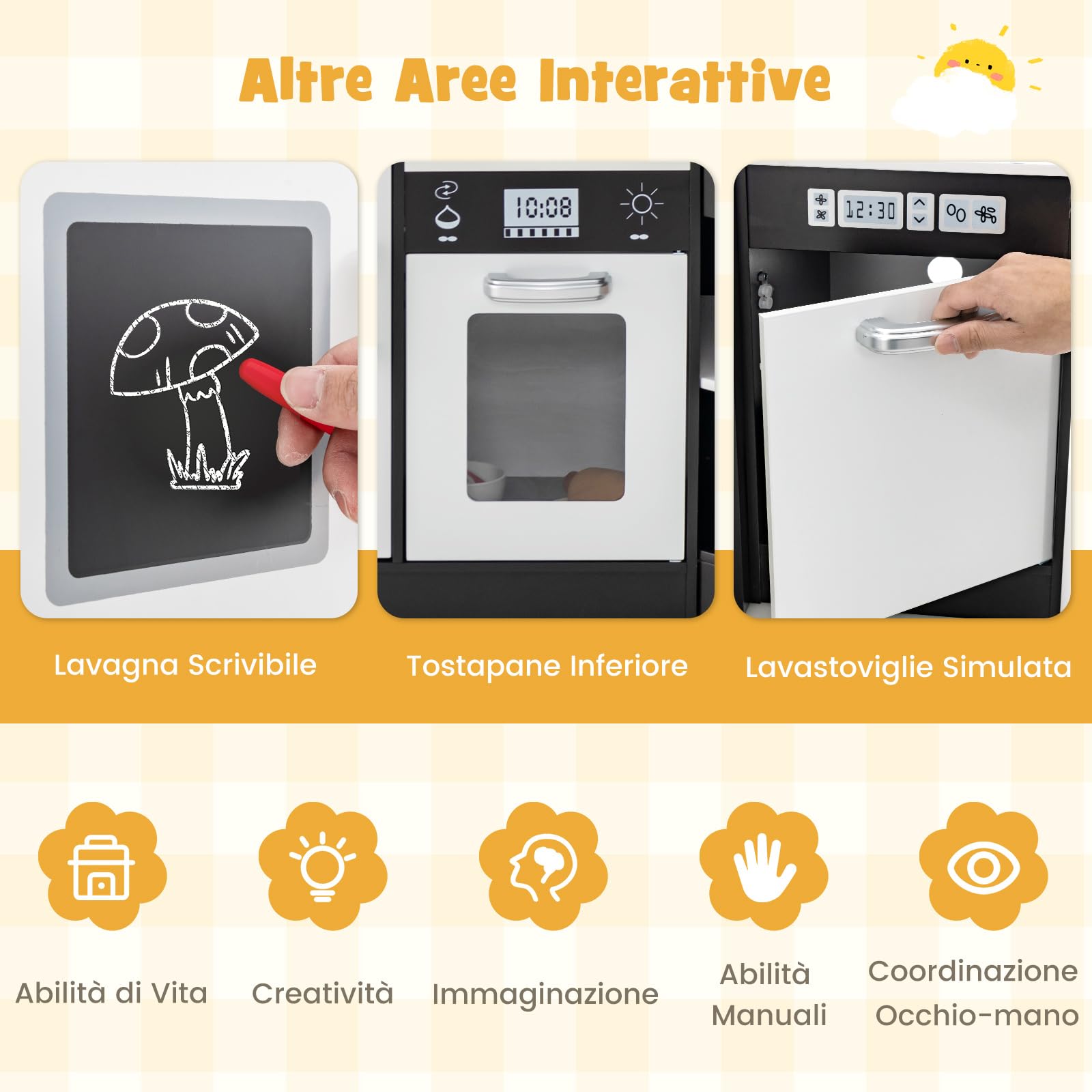 COSTWAY Set di Cucina Giocattolo per Bambini, con Suoni e Luci Divertenti, Lavabo, Forno a Microonde, Macchina del ghiaccio e Lavastoviglie, Lavagna, Ideale per Bambini 3 Anni+ (Caffè)