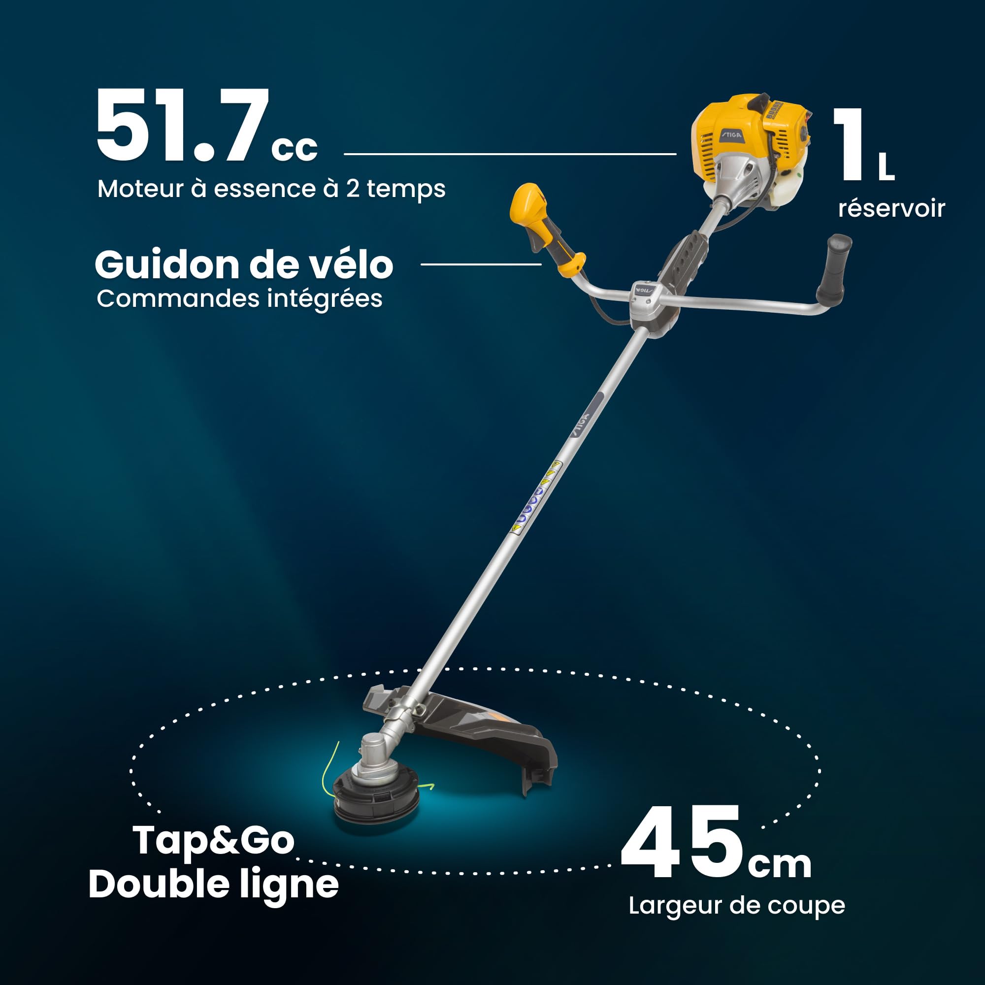 STIGA BC 555 B débroussailleuse à Essence - Moteur 51,7 CC, Largeur de Coupe 45 cm, Guidon vélo, tête Tap&Go, Lame 3T et Double Harnais Inclus, Jaune