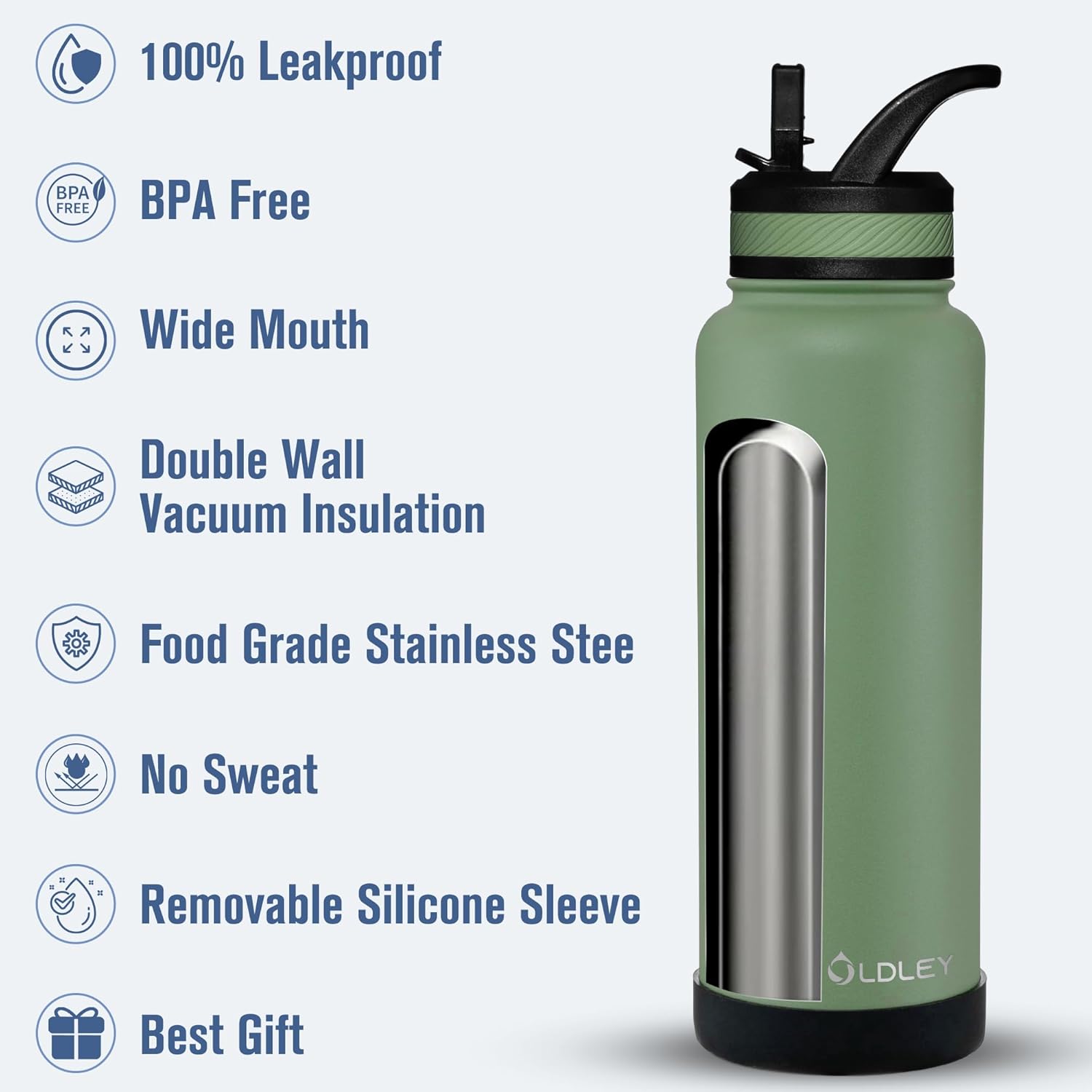 OLDLEY 40 oz Insulated Water Bottle With Straw, Stainless Steel Sports Water Cup Flask with 3 Lids(Straw, Spout and Handle Lid) Double Walled Travel Thermal Canteen Mug,Army Green - Image 3