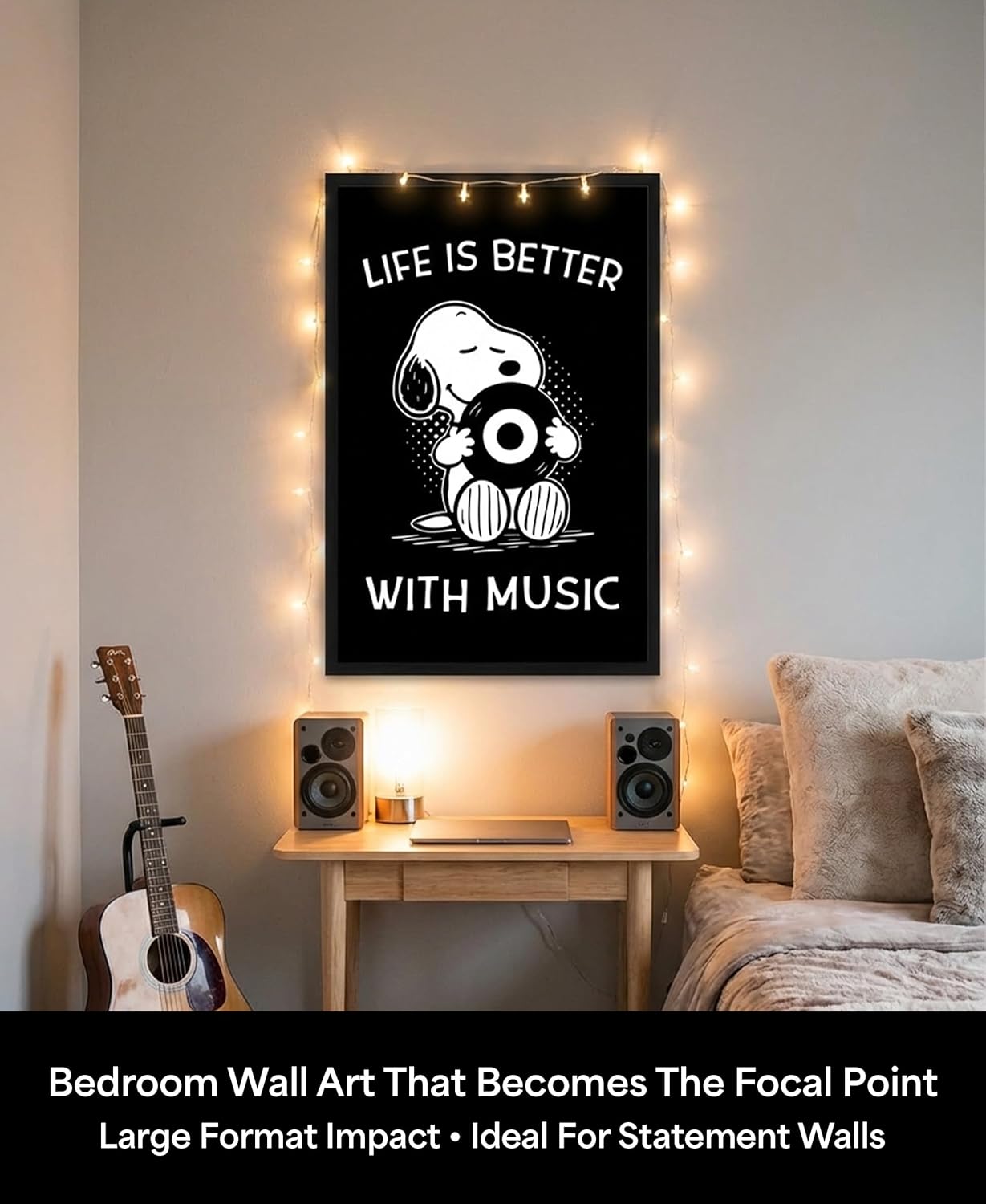Life Is Better With Music Wall Art Print – Minimalist Typography Decor for Living Room, Studio & Workspaces – Ready-to-Hang Music Artwork – 11x17 Black Framed – Made in USA Archival Matte