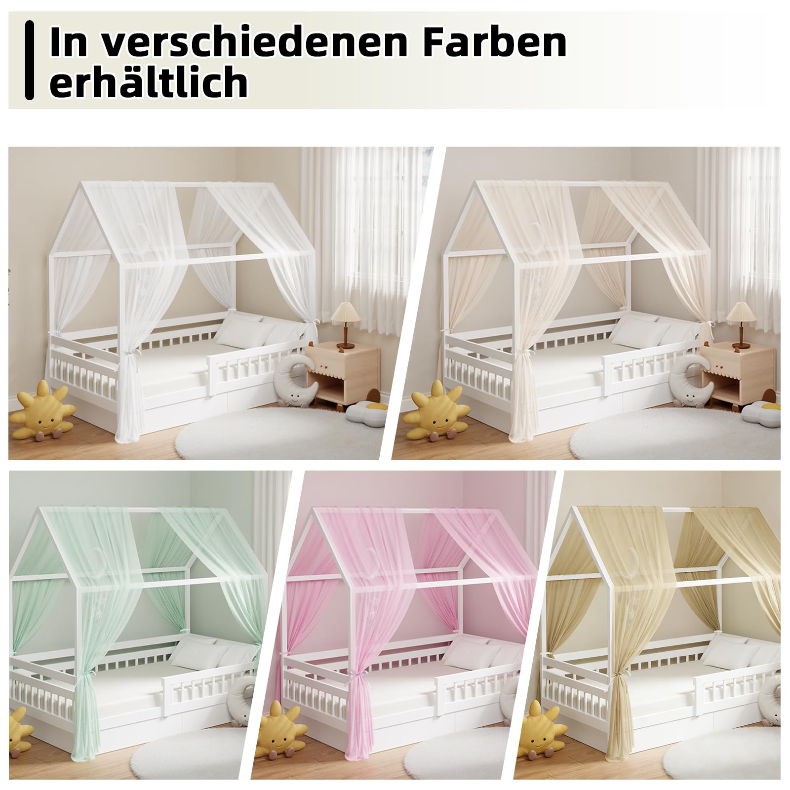 GFCC Hausbett Himmel Set, 2 Stück Betthimmel Hausbett aus Tüll für Hausbett Deko, Himmelbett Vorhänge für Mädchen Jungen Kinderbett Kinderzimmer Deko, 150 x 350 cm Beige