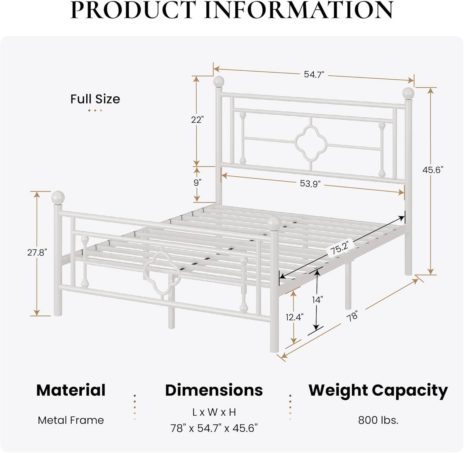 SHA CERLIN 14 Inches Full Size Metal Platform Bed Frame/Vintage Iron-Art Headboard and Footboard/Mattress Foundation for Storage/No Box Spring Needed/Noise-Free/Easy Assembly/White - Image 2