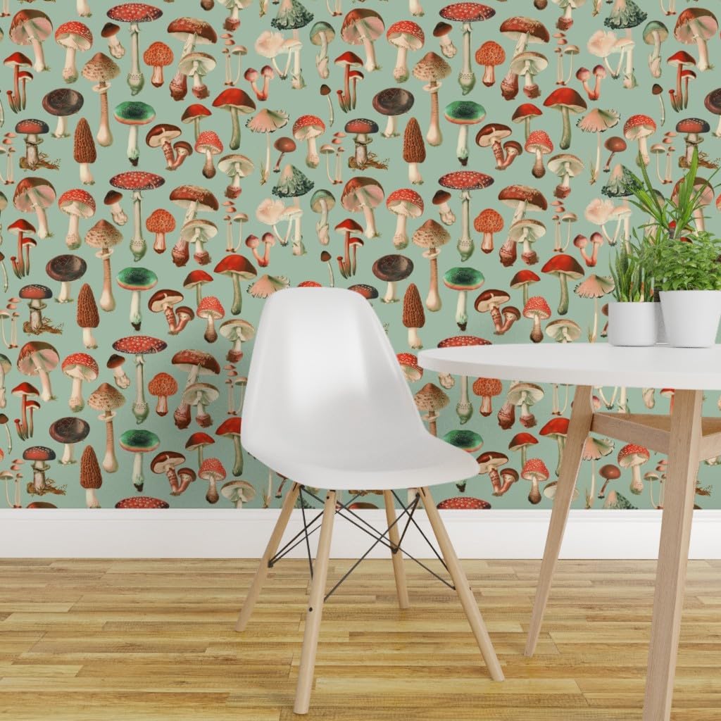 Spoonflower Removable Wallpaper 6ft x 2ft - Red Green Vintage Nature Forest Woodland Antique Mushroom Custom Pre-Pasted Wallpaper